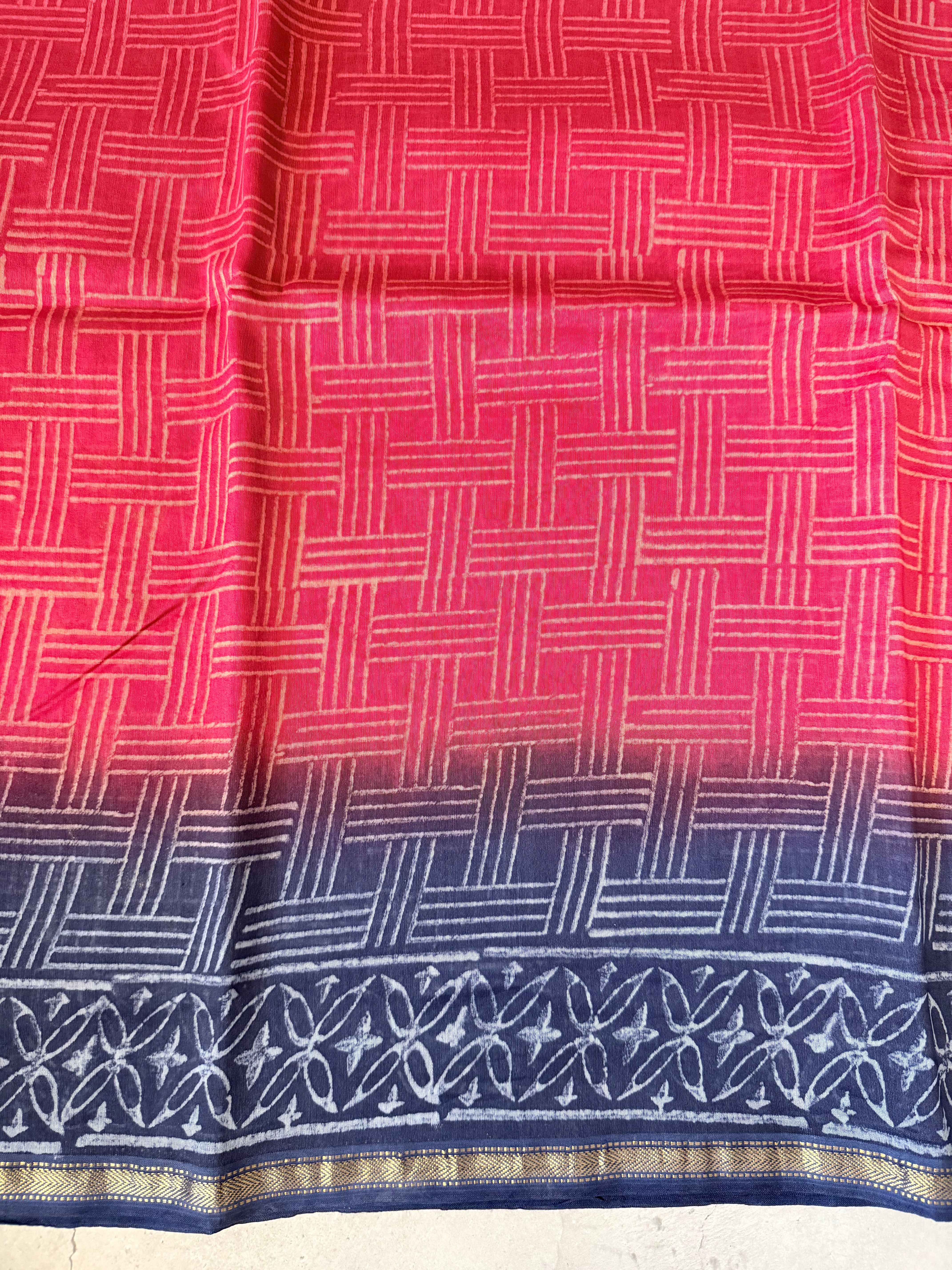Navrang | Red and Blue Block Printed Chanderi Saree