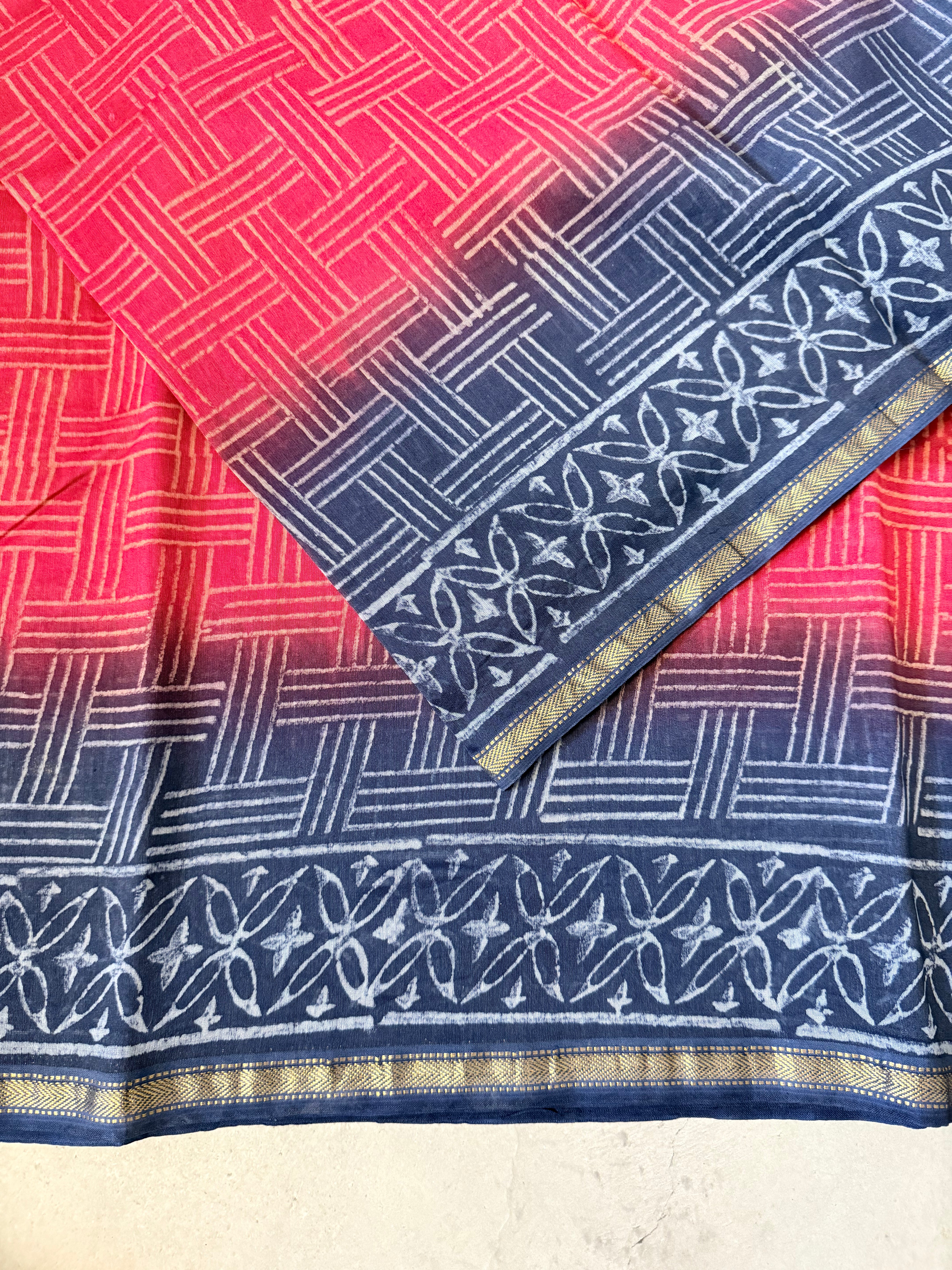 Navrang | Red and Blue Block Printed Chanderi Saree