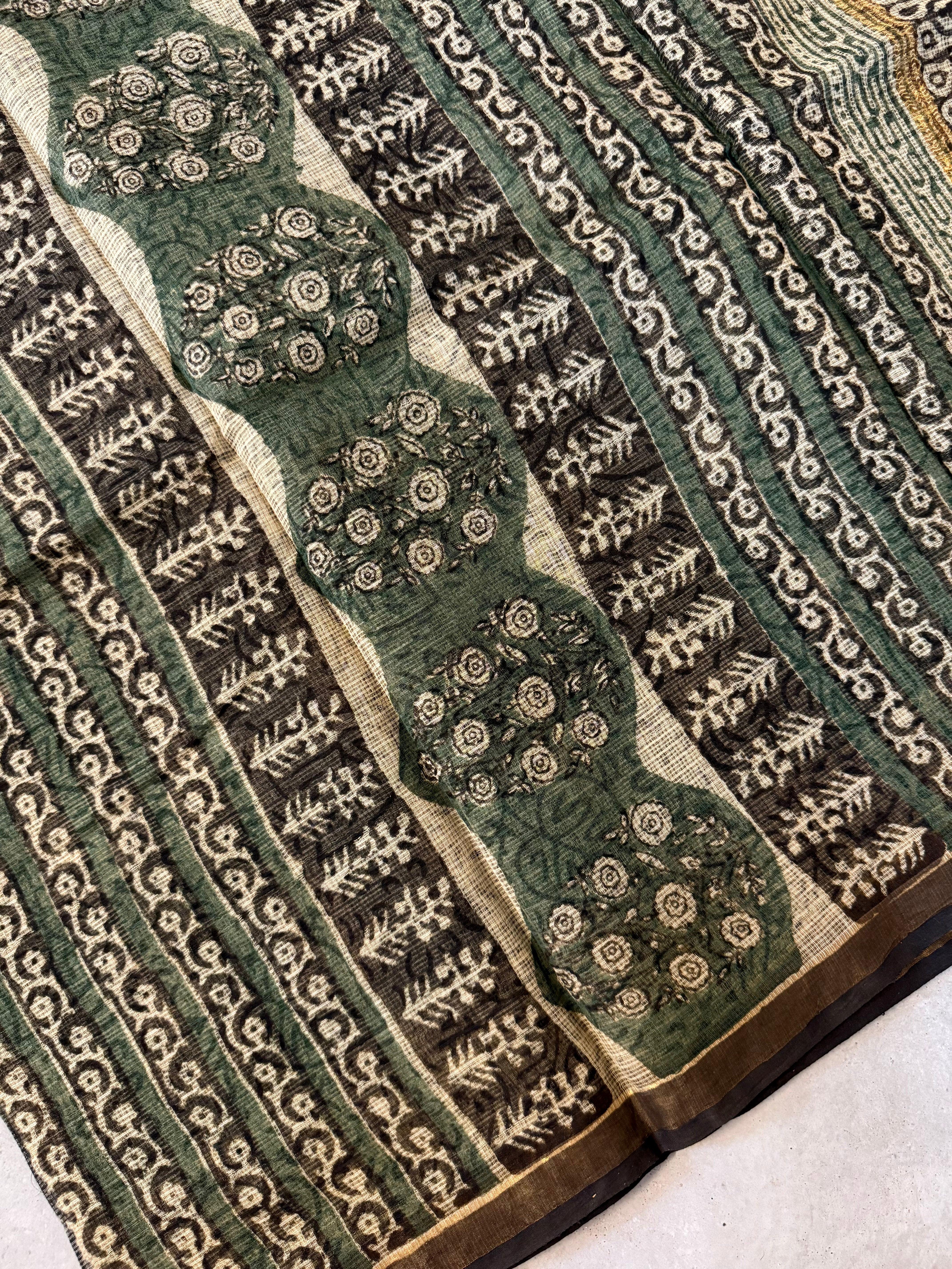 Mandiraja | Green Block Printed Kota Saree