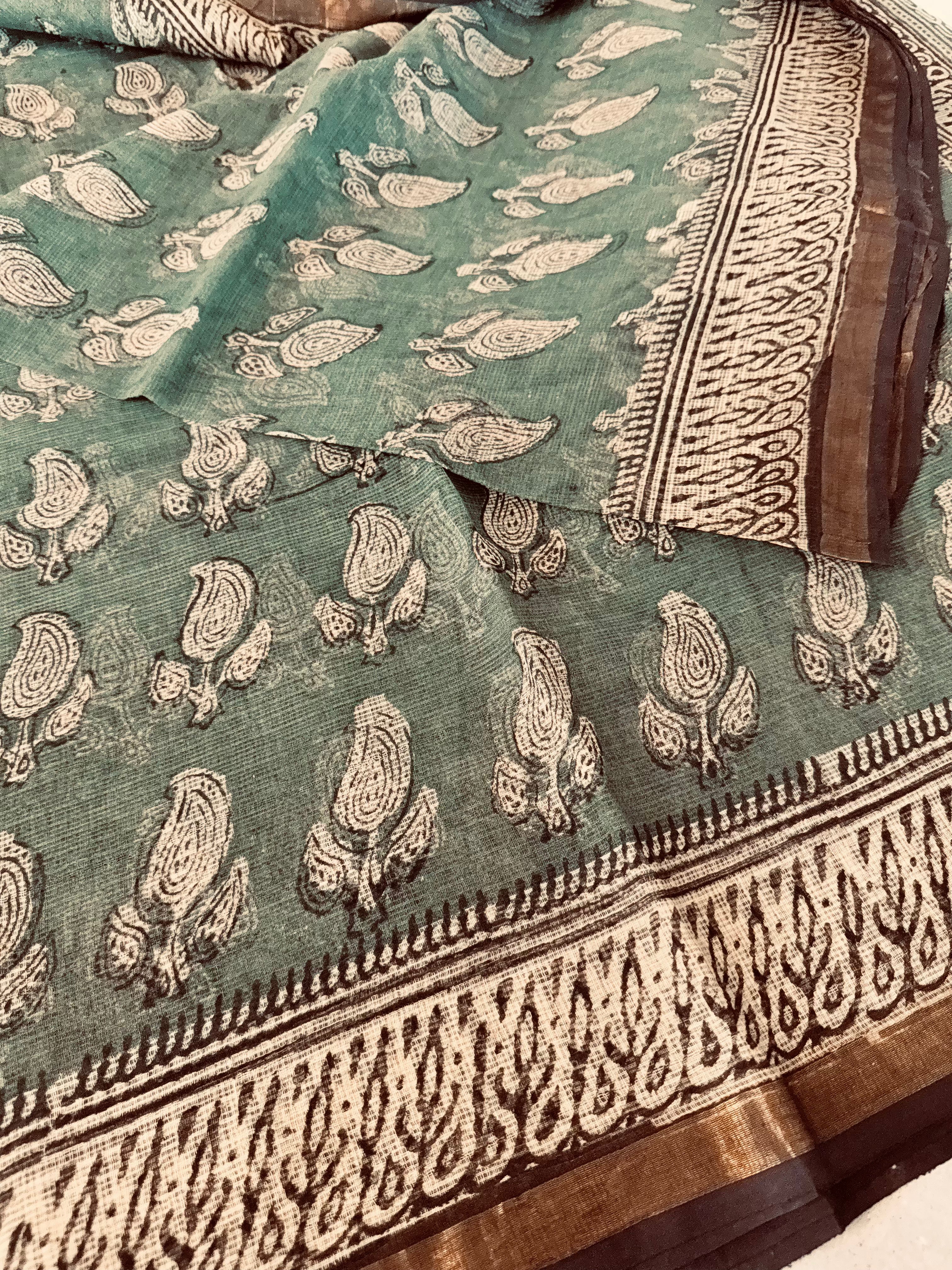 Mandiraja | Green Block Printed Kota Saree