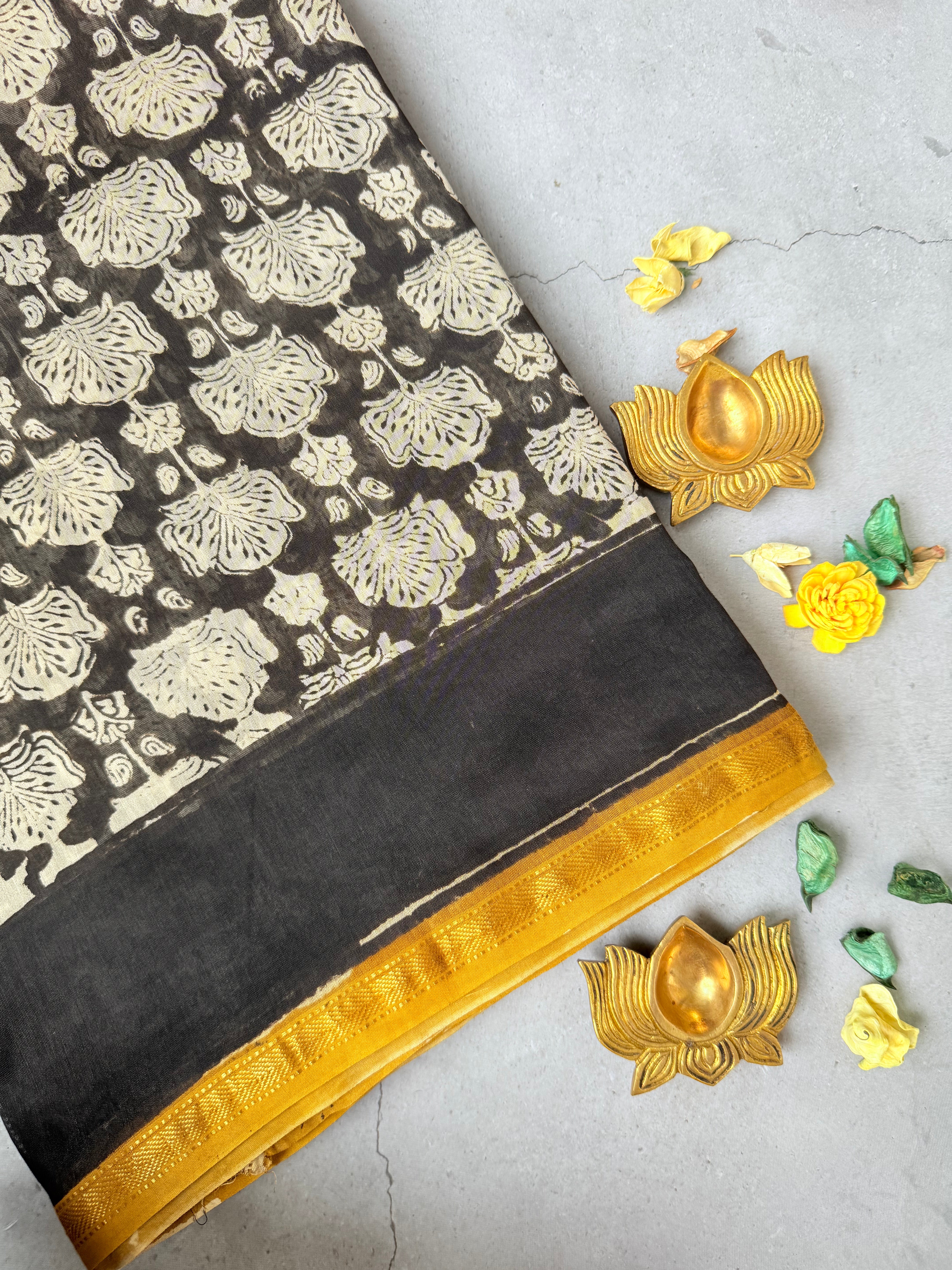 Kusum | Black and Yellow Block Printed Chanderi Saree