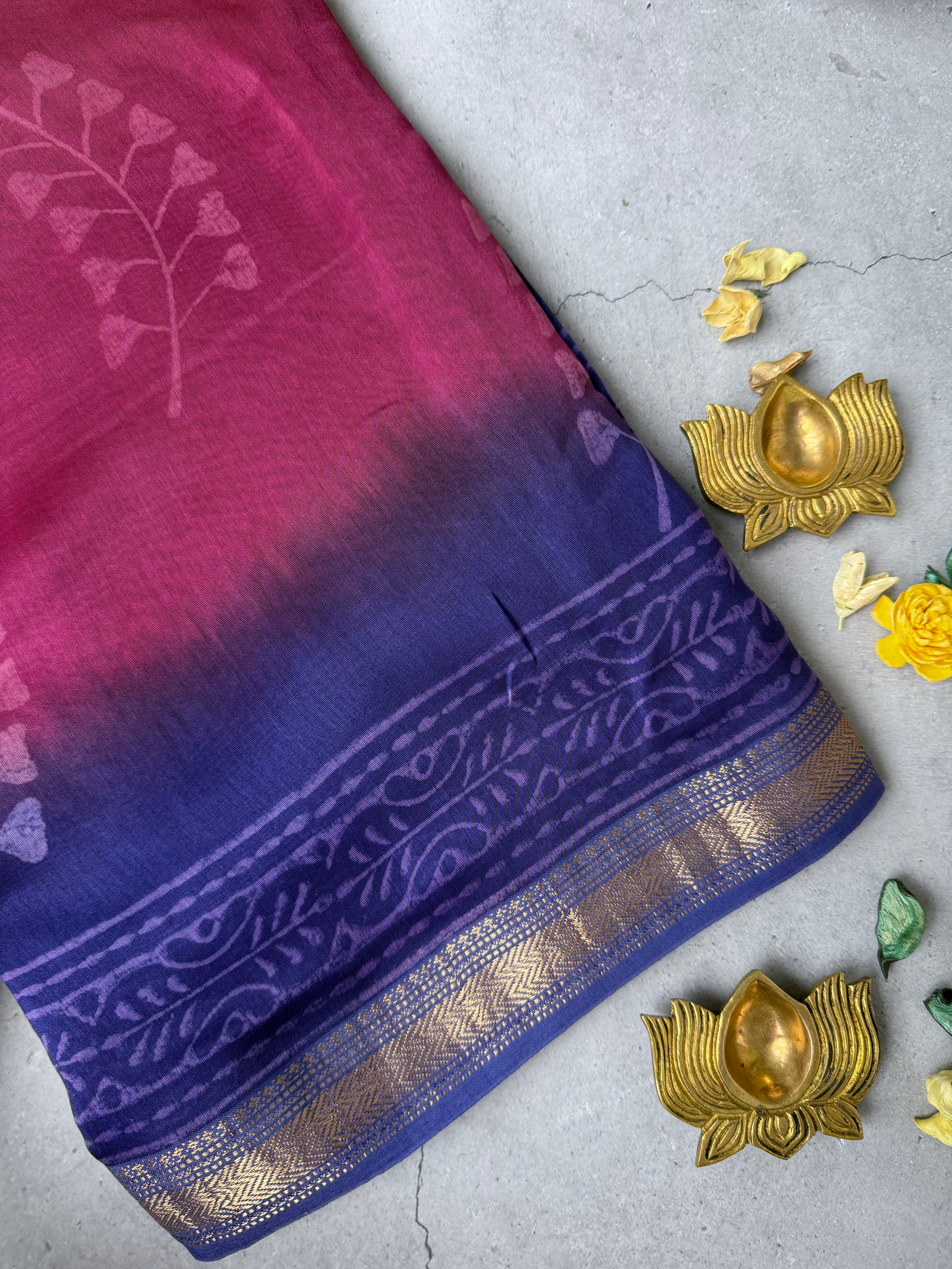 Chitrashila | Maroon and Purple Block Printed Maheshwari Saree