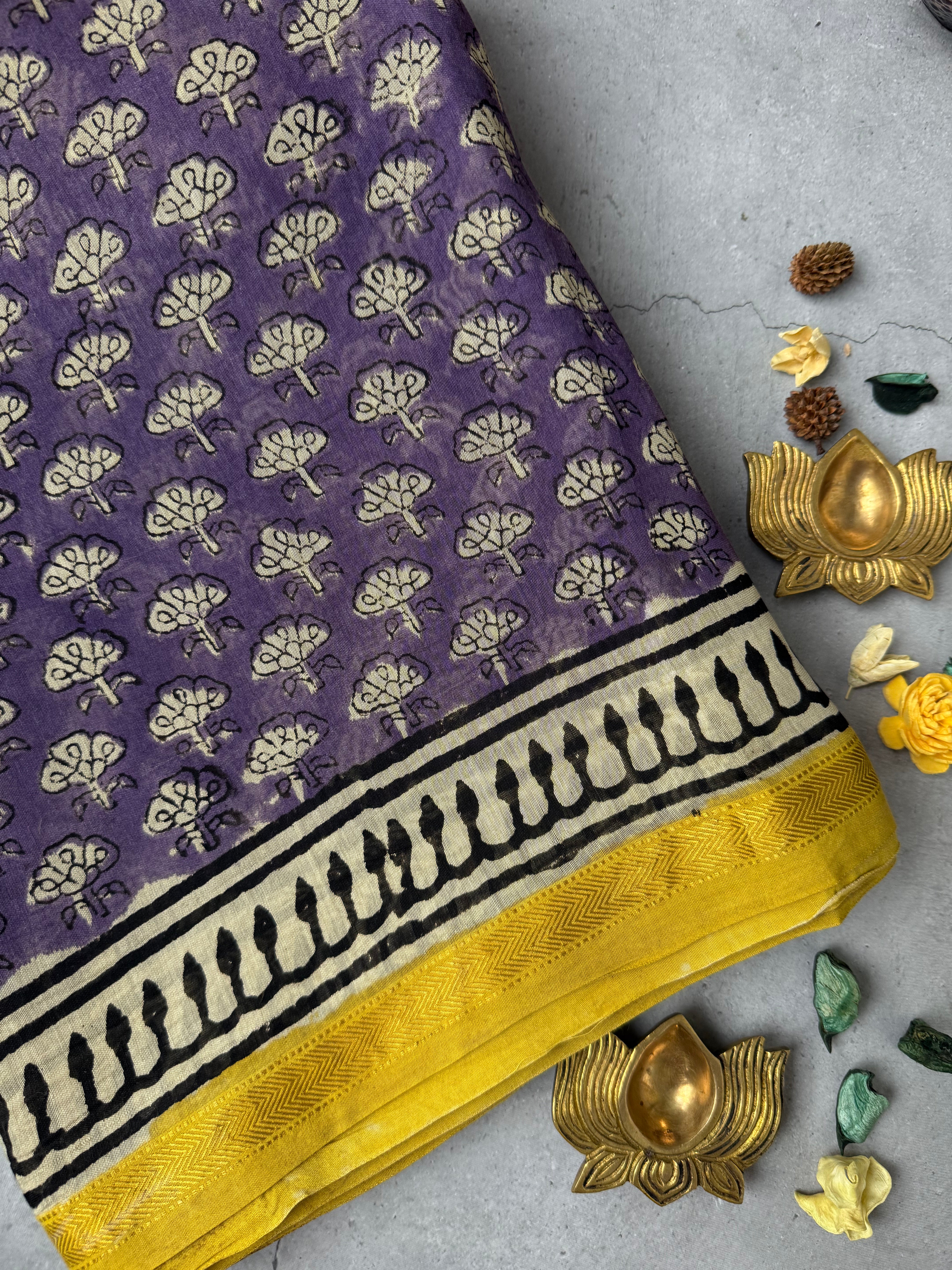 Souparnika | Purple Floral Block Printed Chanderi Saree
