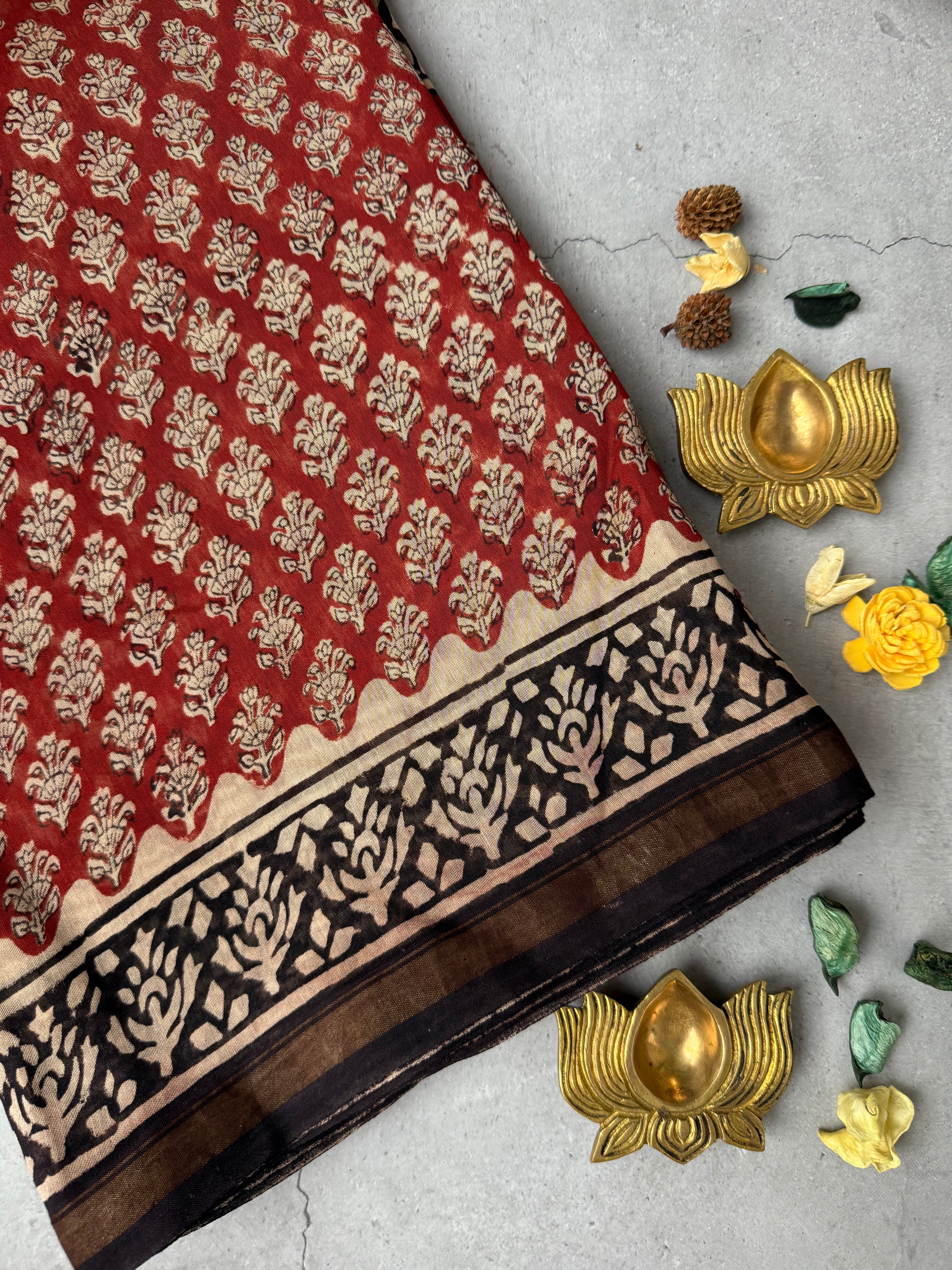 Mandaaram | Red Floral Block Printed Chanderi Saree