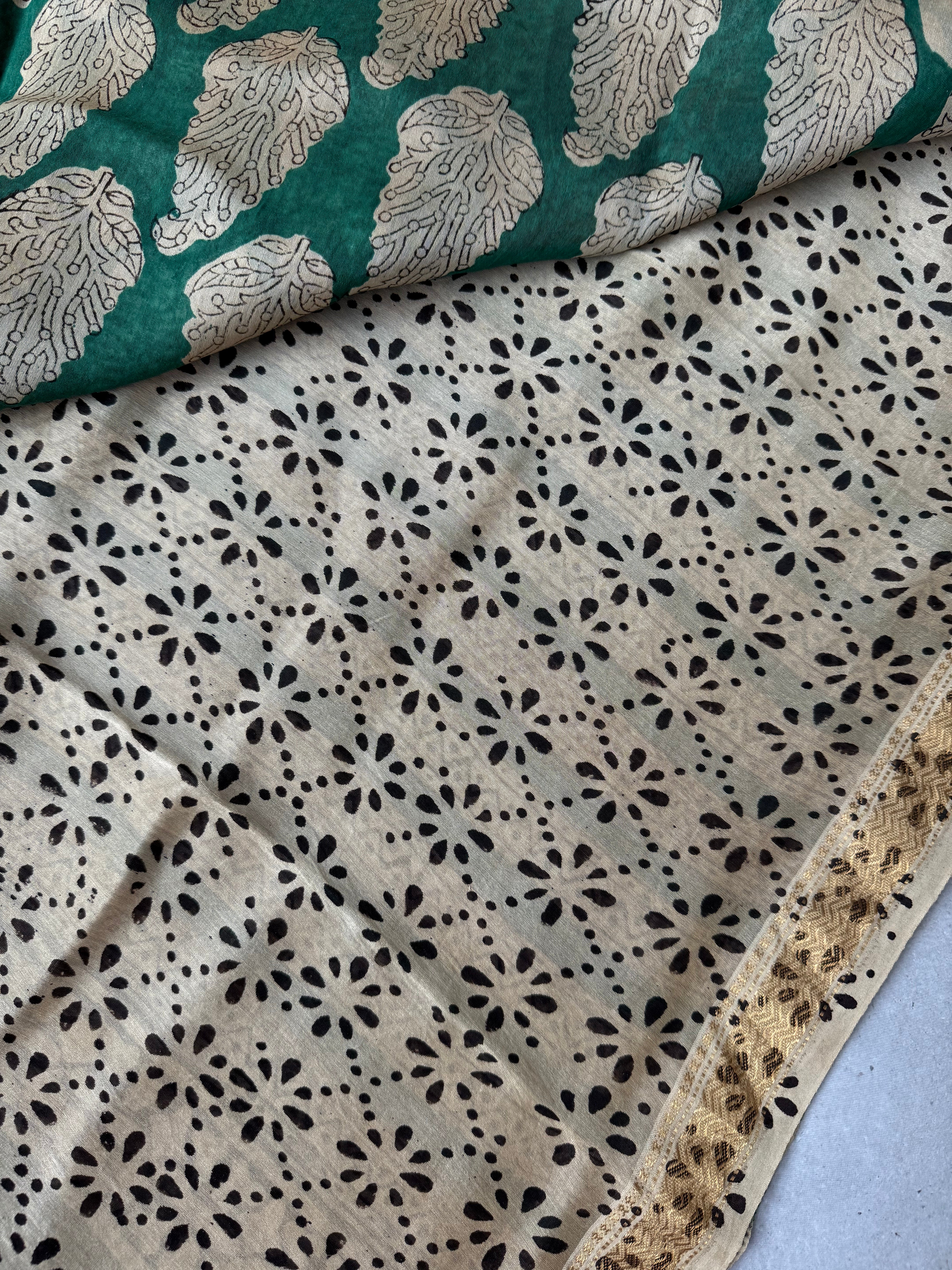 Praseedha | Emerald Green Block Printed Maheshwari Saree