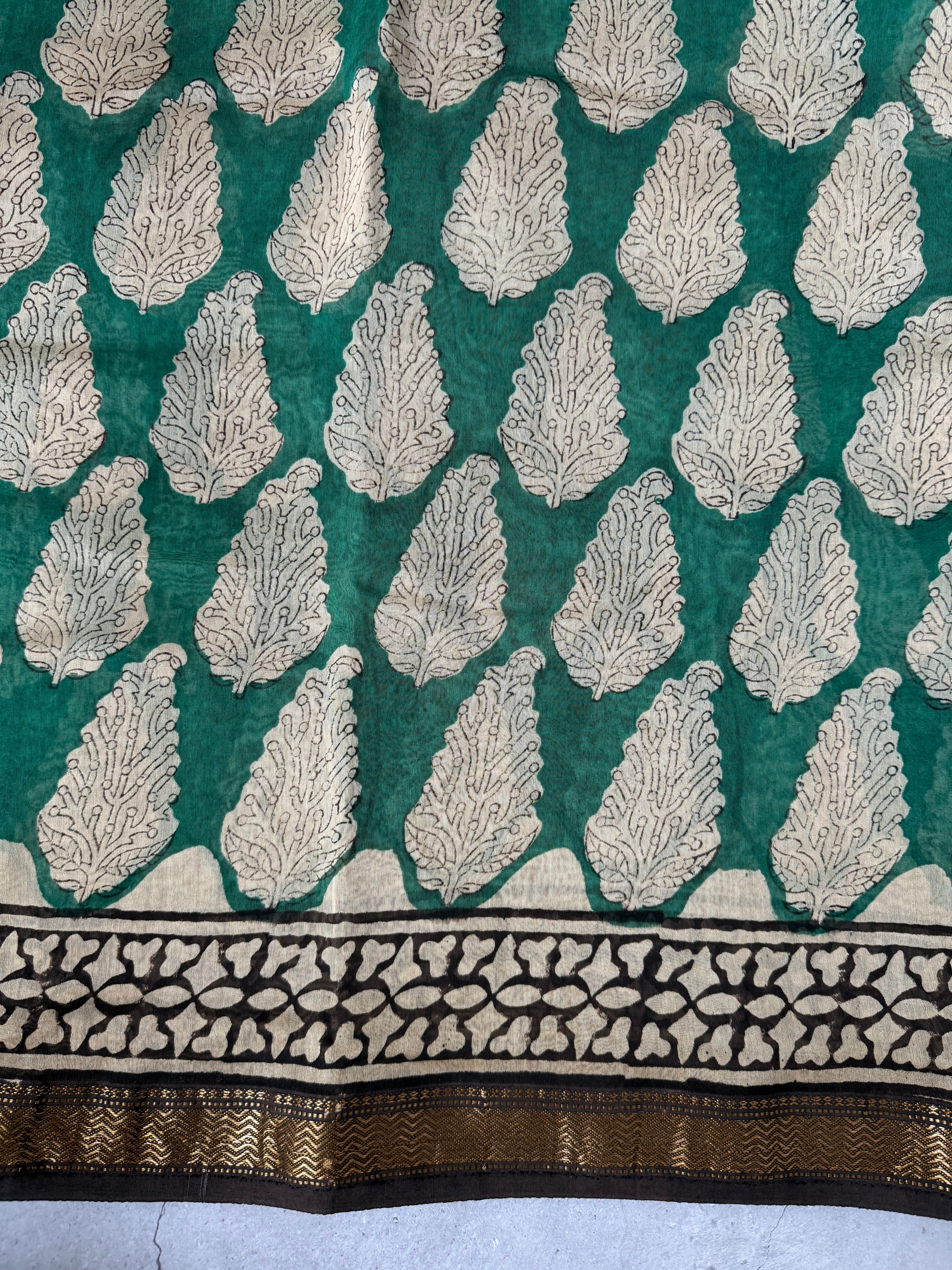 Praseedha | Emerald Green Block Printed Maheshwari Saree