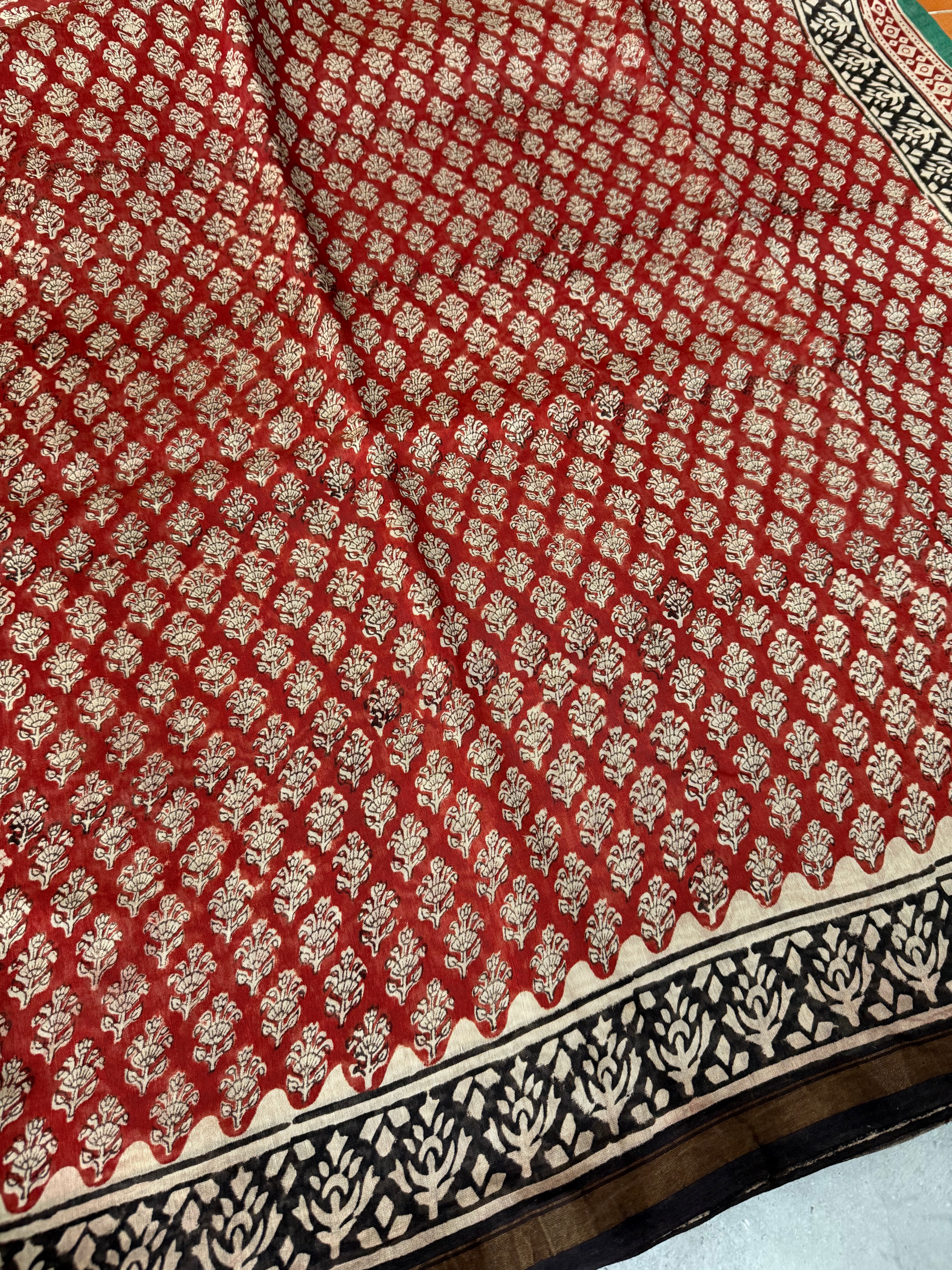 Mandaaram | Red Floral Block Printed Chanderi Saree