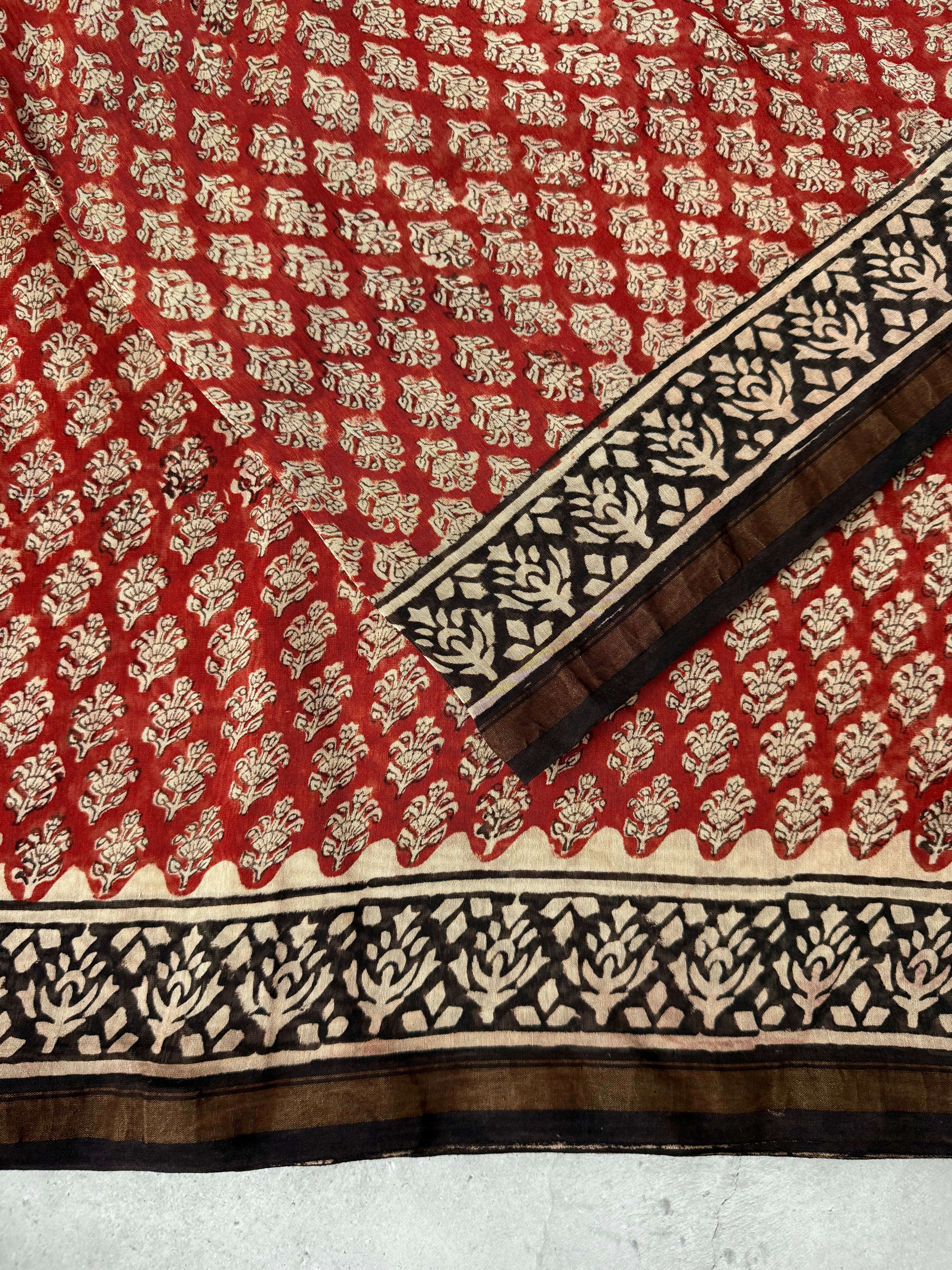 Mandaaram | Red Floral Block Printed Chanderi Saree