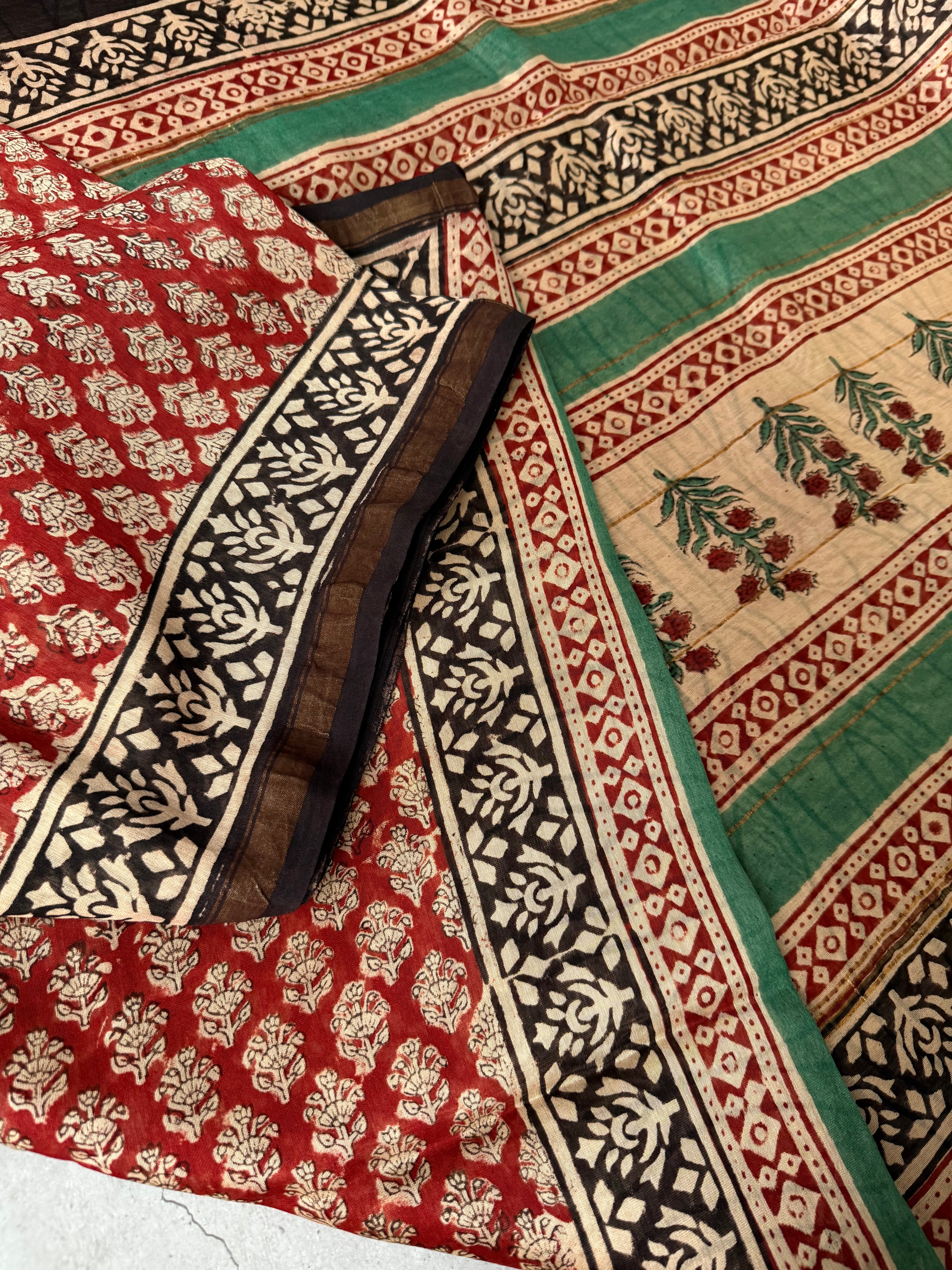 Mandaaram | Red Floral Block Printed Chanderi Saree