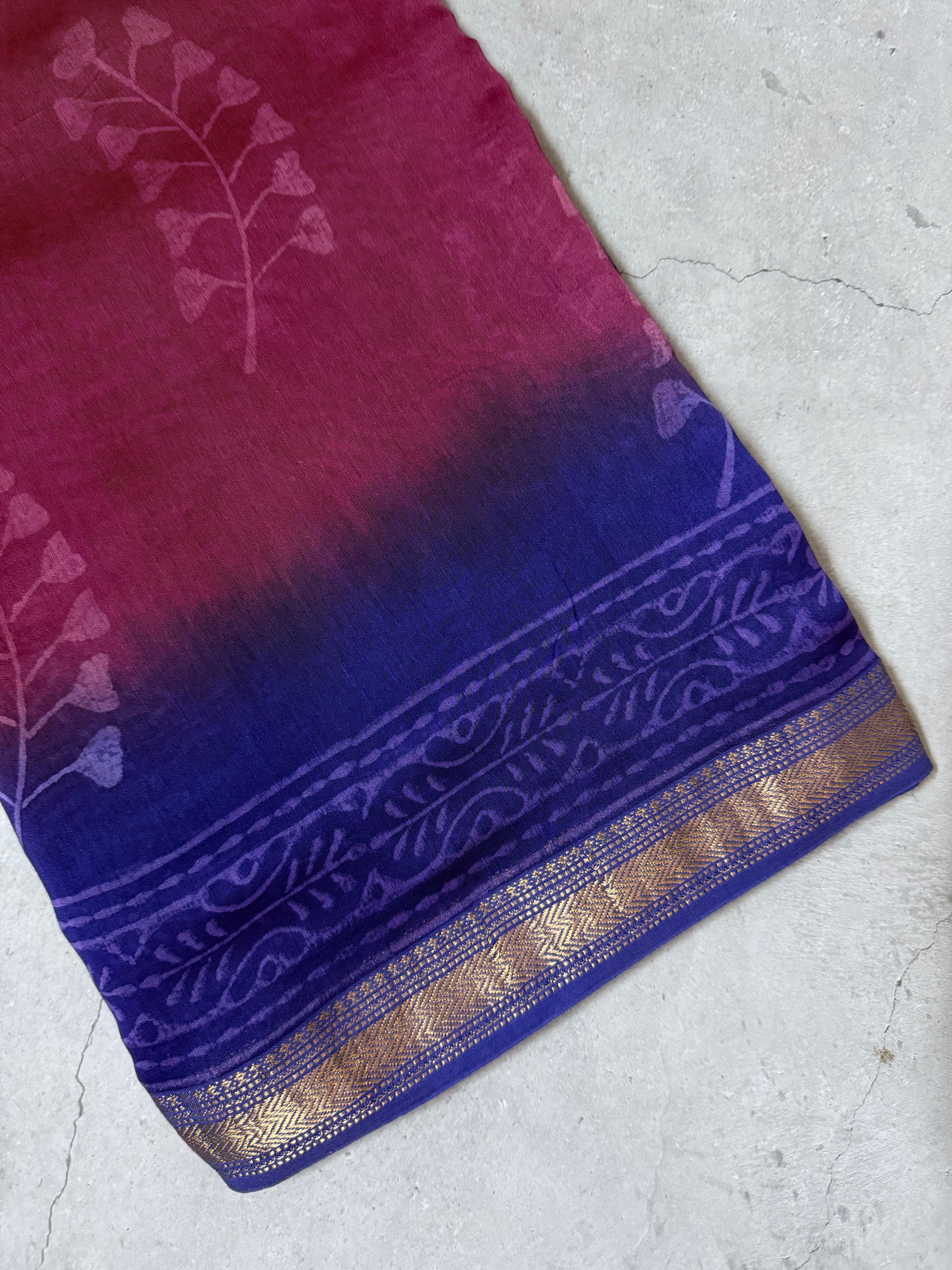 Chitrashila | Maroon and Purple Block Printed Maheshwari Saree