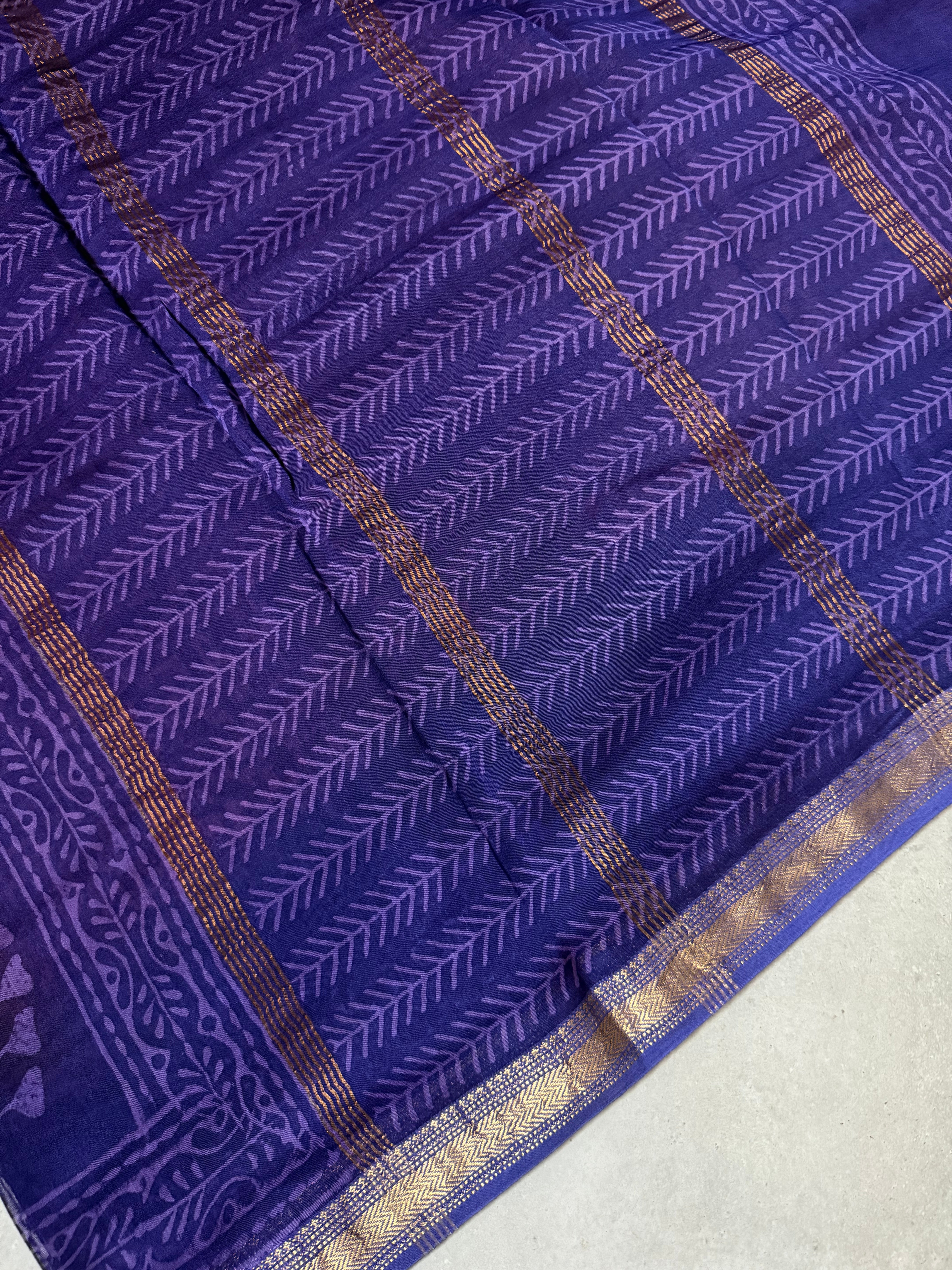Chitrashila | Maroon and Purple Block Printed Maheshwari Saree