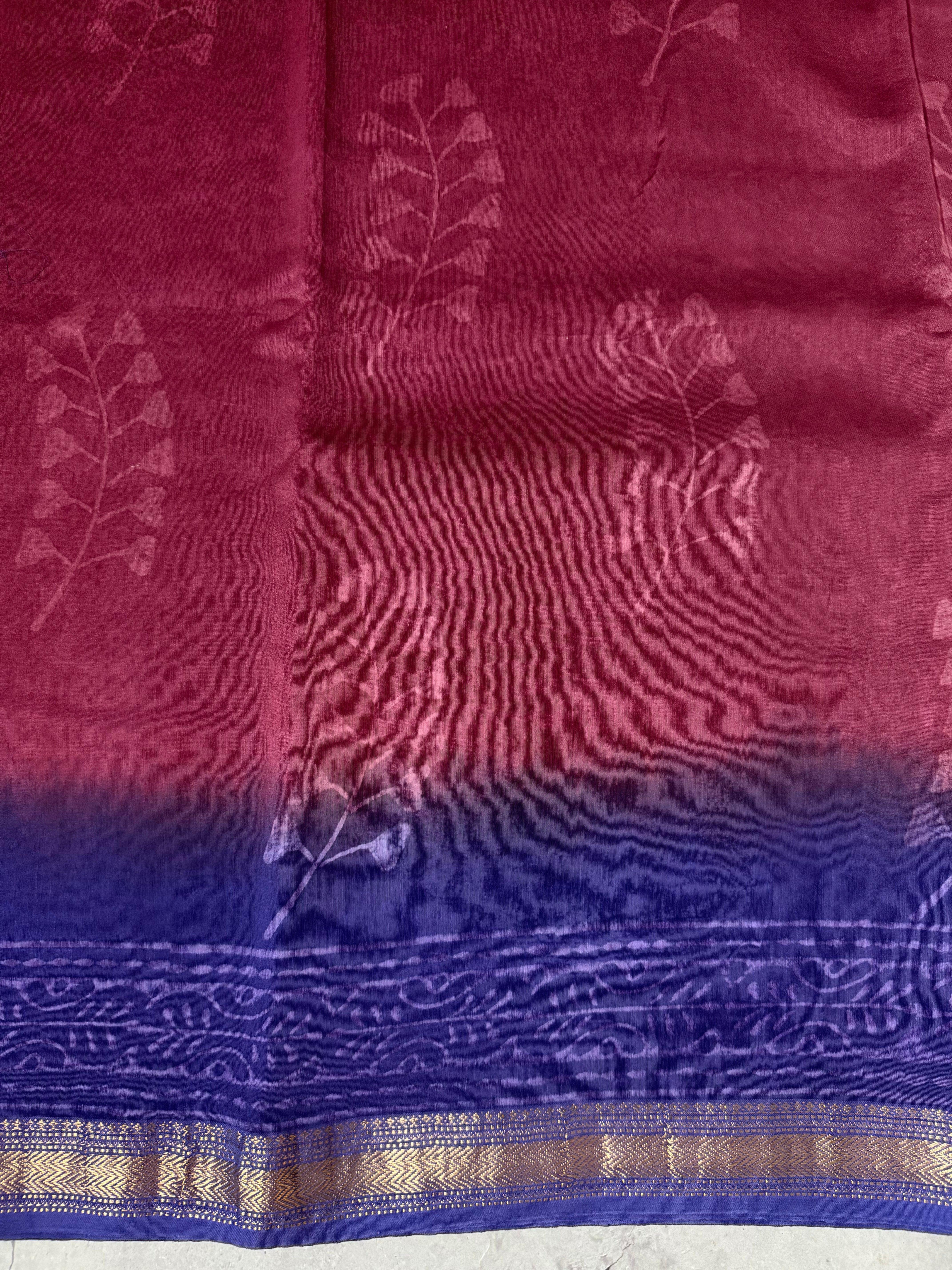 Chitrashila | Maroon and Purple Block Printed Maheshwari Saree