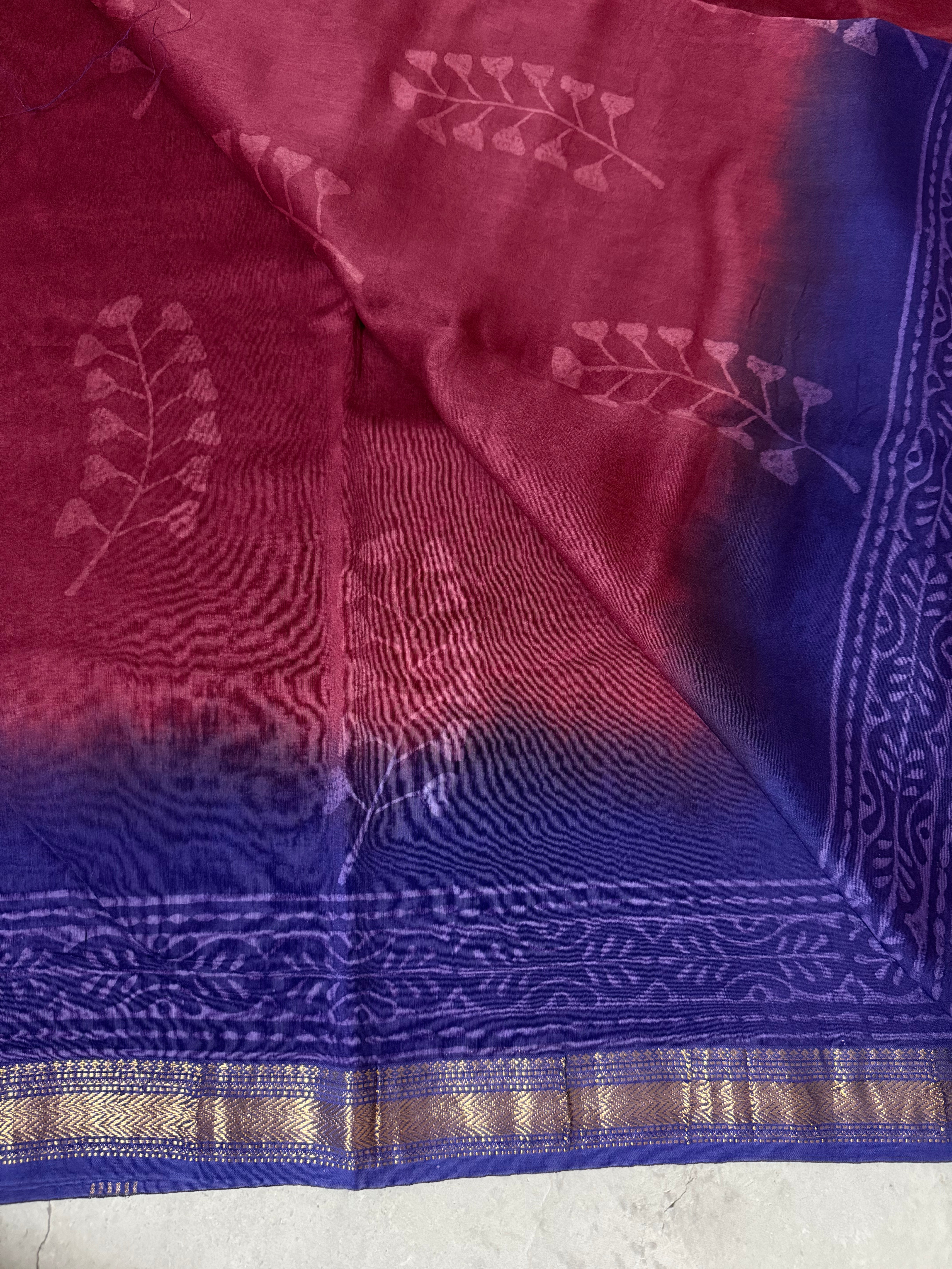 Chitrashila | Maroon and Purple Block Printed Maheshwari Saree