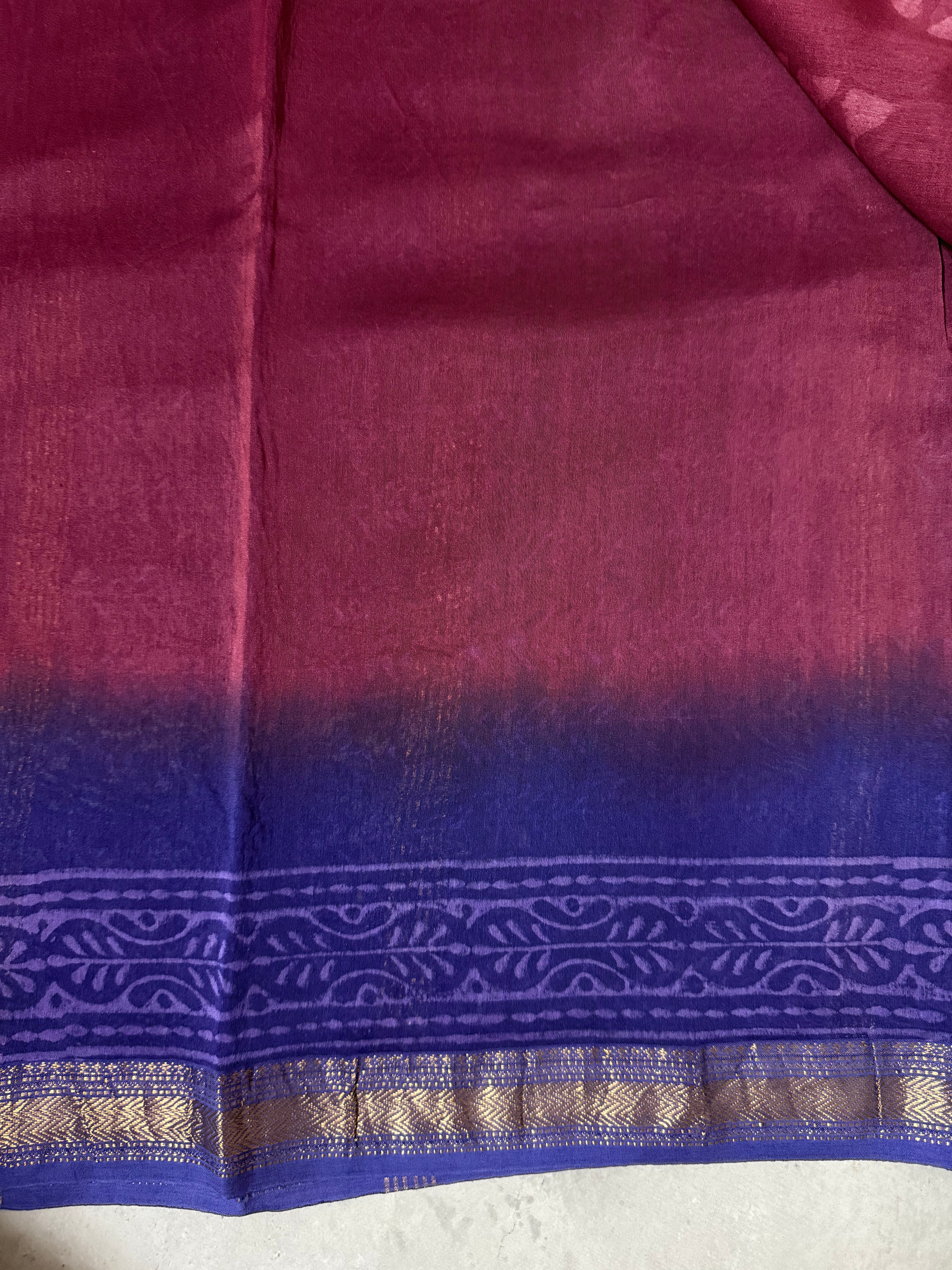 Chitrashila | Maroon and Purple Block Printed Maheshwari Saree