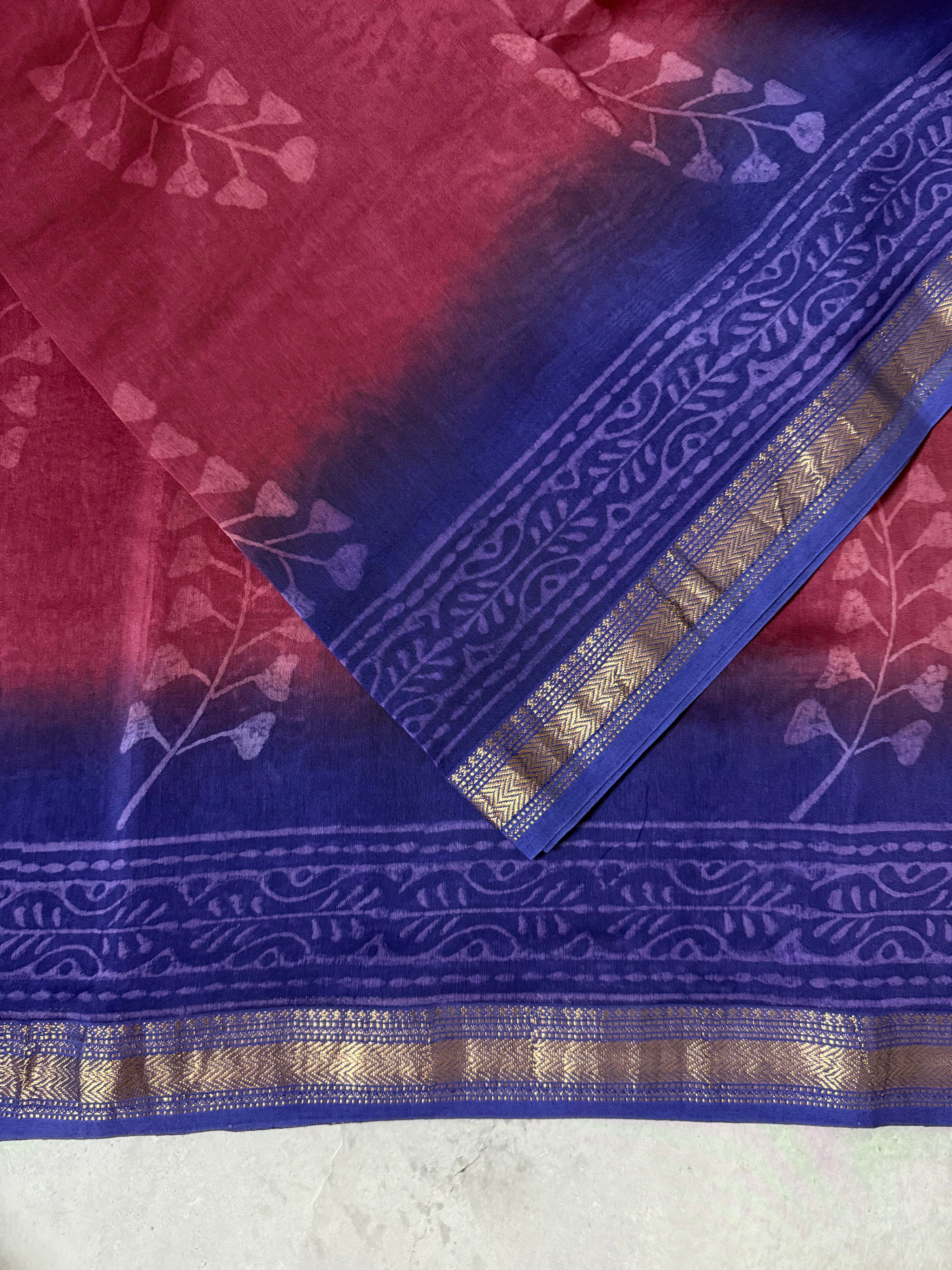 Chitrashila | Maroon and Purple Block Printed Maheshwari Saree