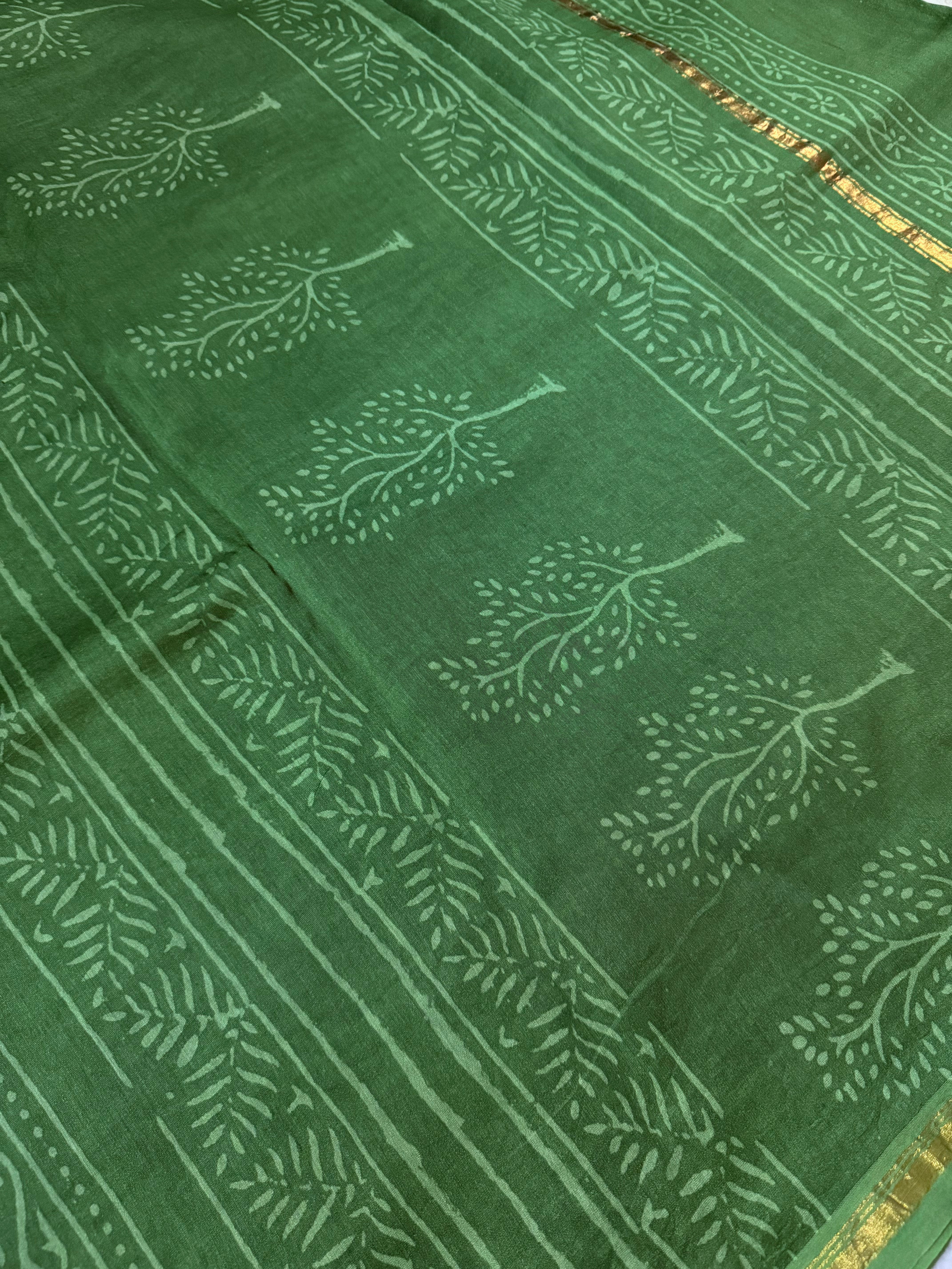 RatnaPushpa | Green Block Printed Chanderi Saree