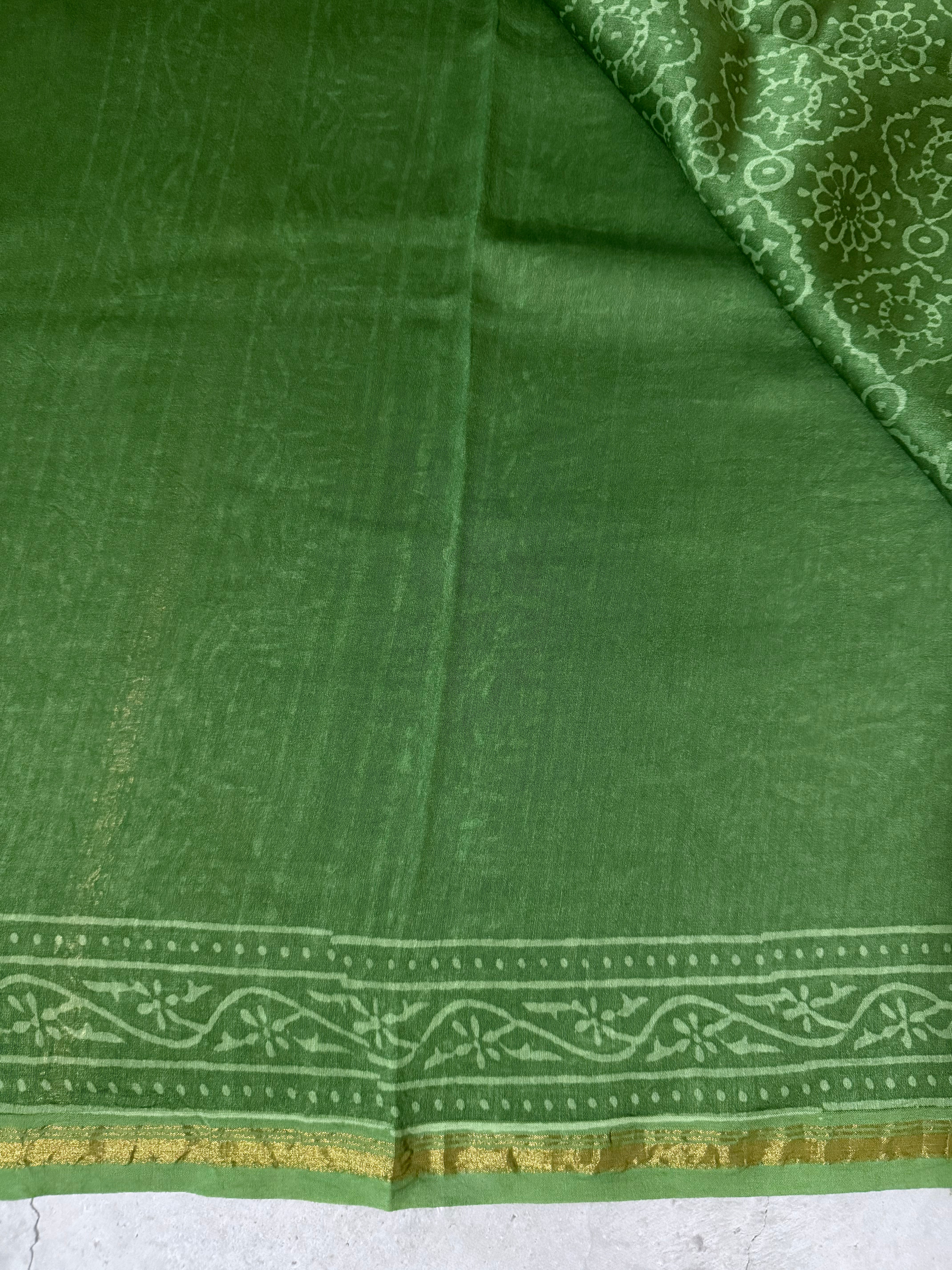 RatnaPushpa | Green Block Printed Chanderi Saree