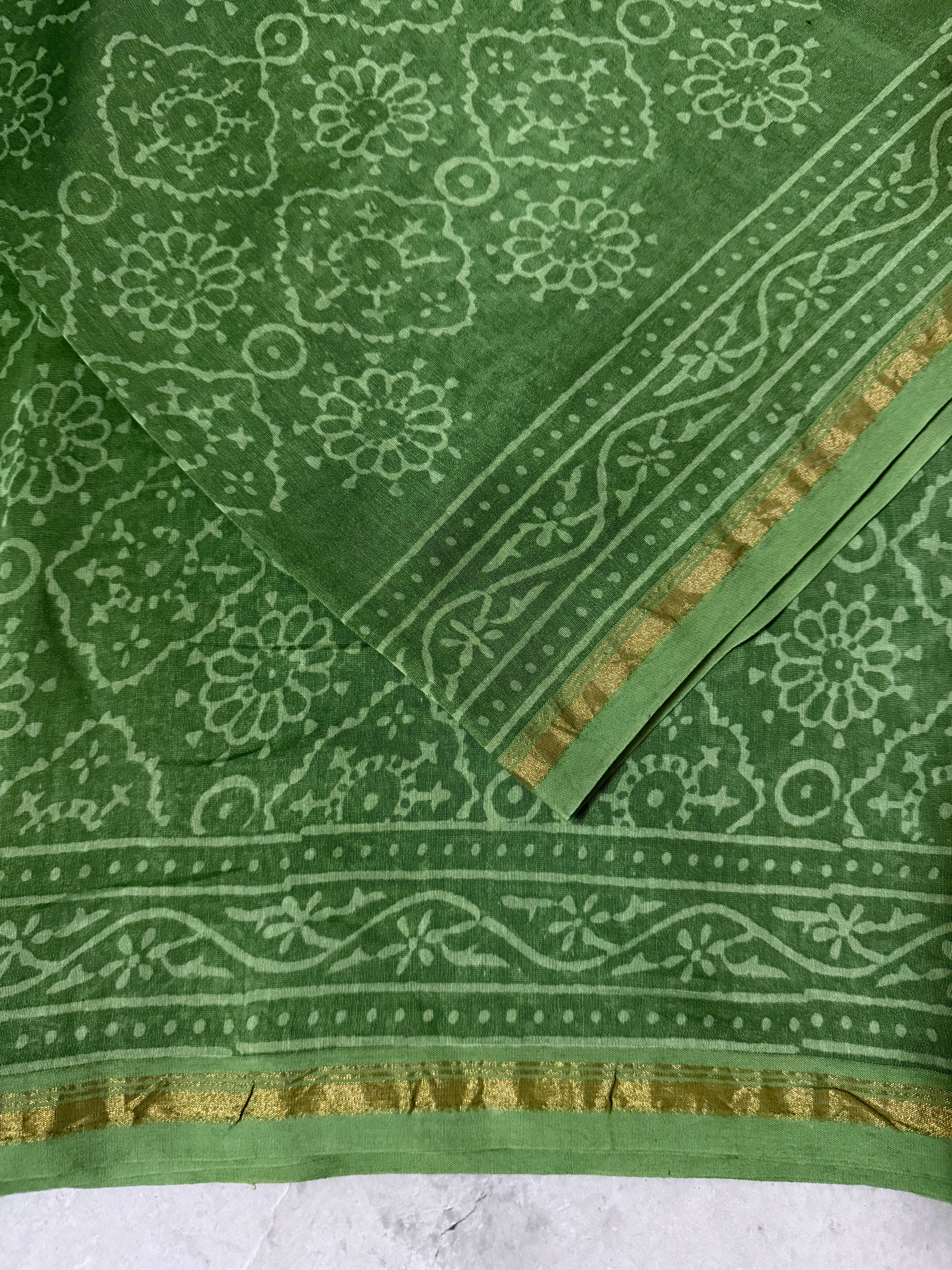 RatnaPushpa | Green Block Printed Chanderi Saree