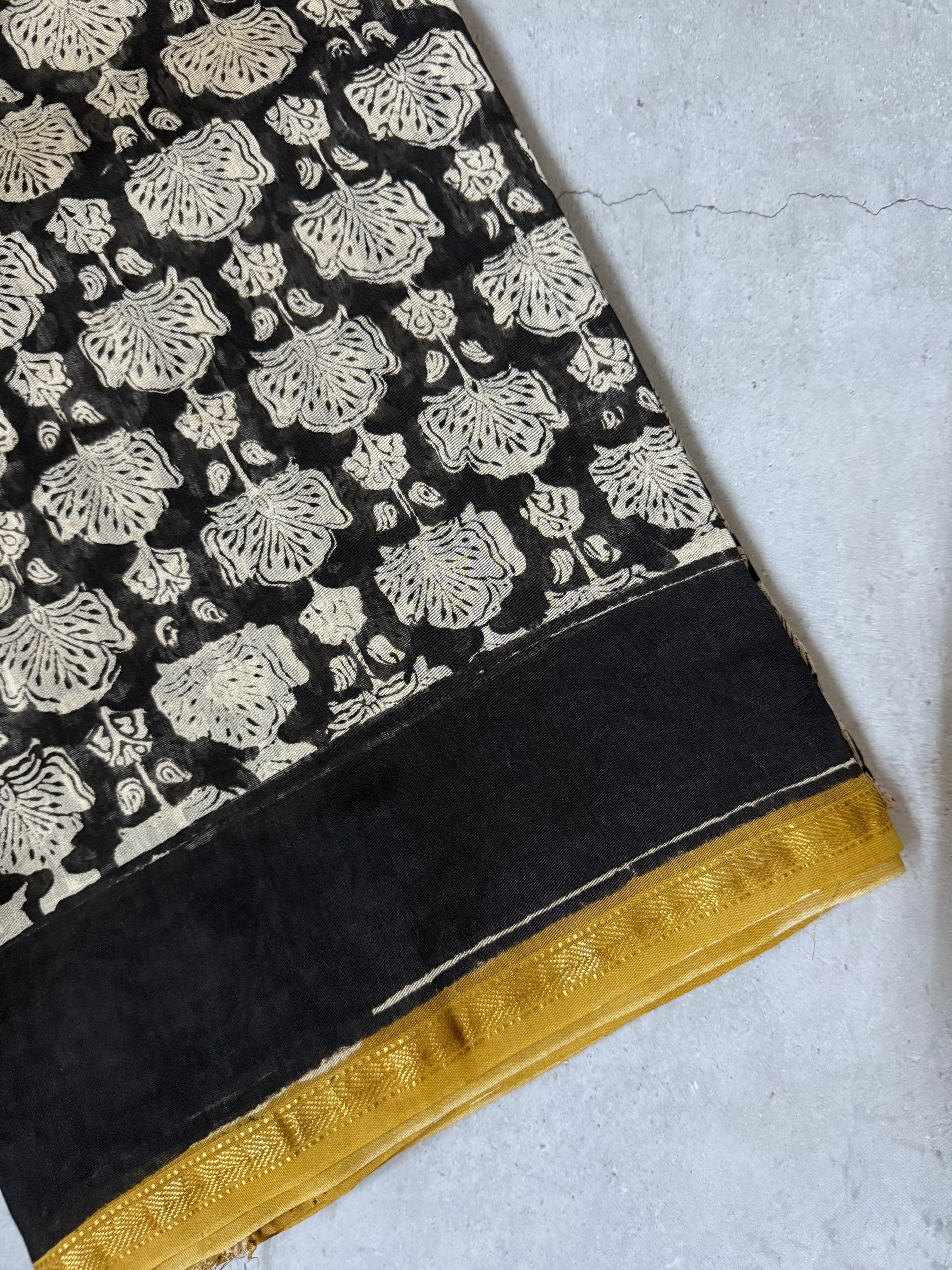 Kusum | Black and Yellow Block Printed Chanderi Saree
