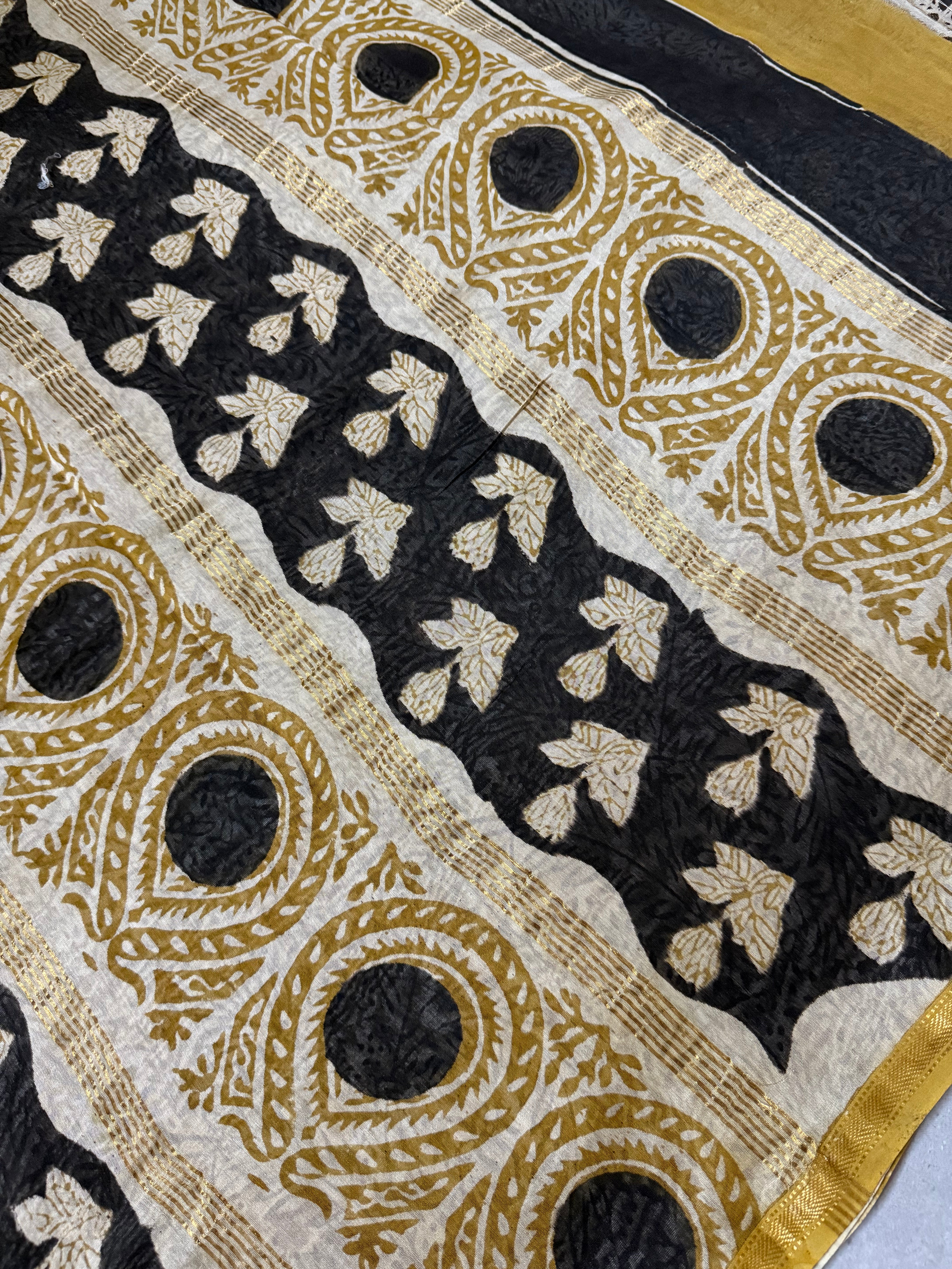 Kusum | Black and Yellow Block Printed Chanderi Saree