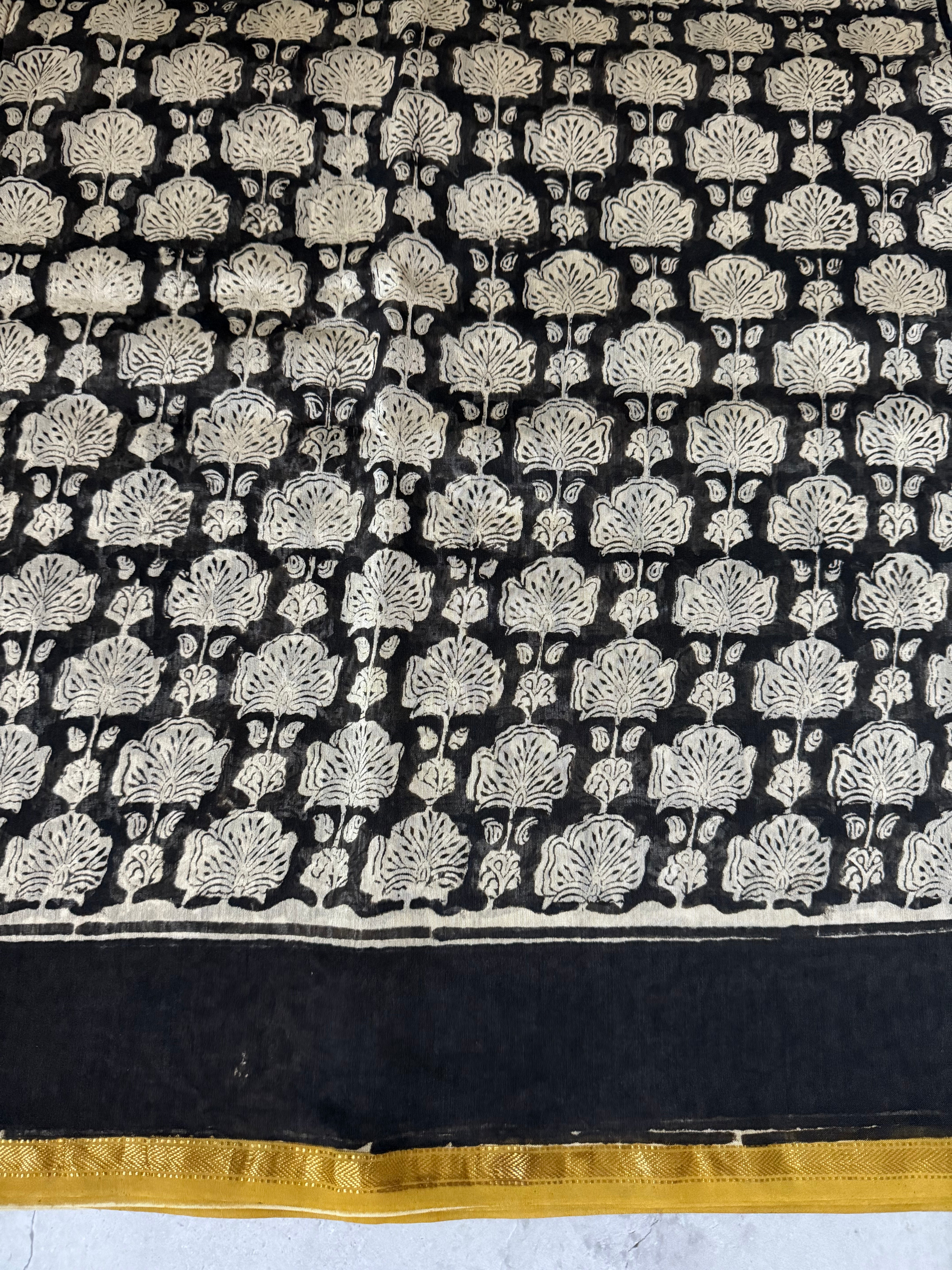 Kusum | Black and Yellow Block Printed Chanderi Saree