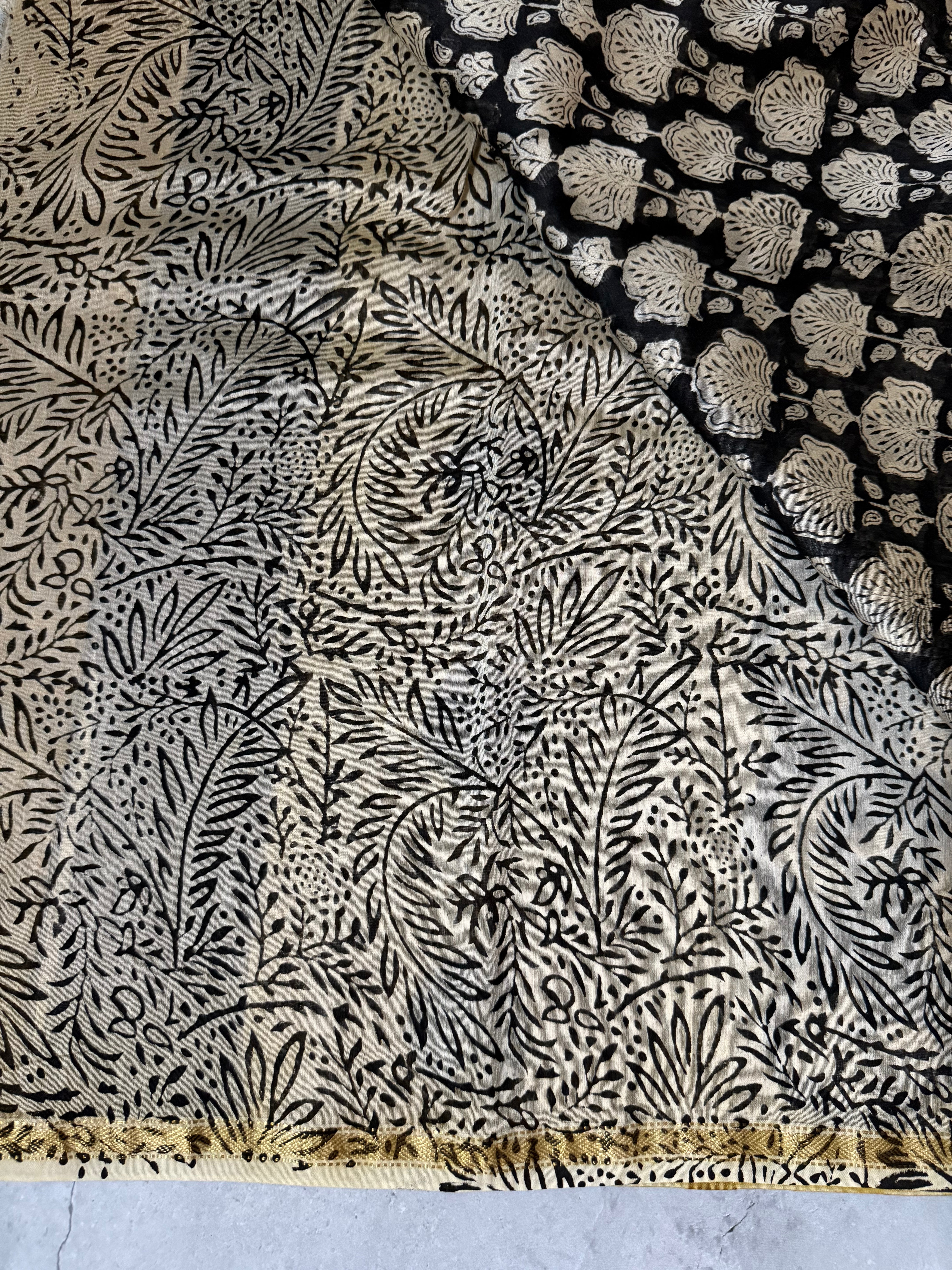 Kusum | Black and Yellow Block Printed Chanderi Saree