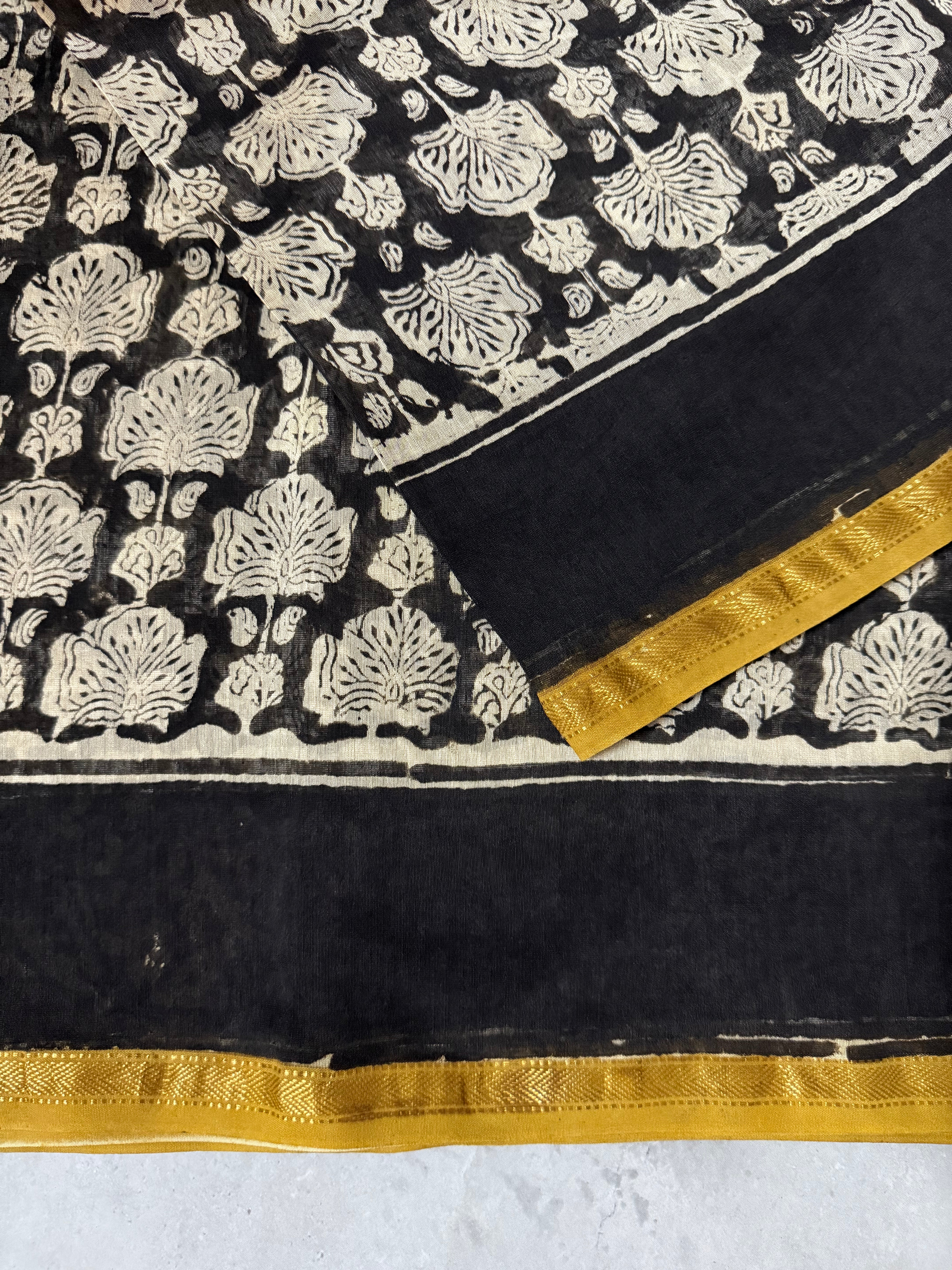 Kusum | Black and Yellow Block Printed Chanderi Saree