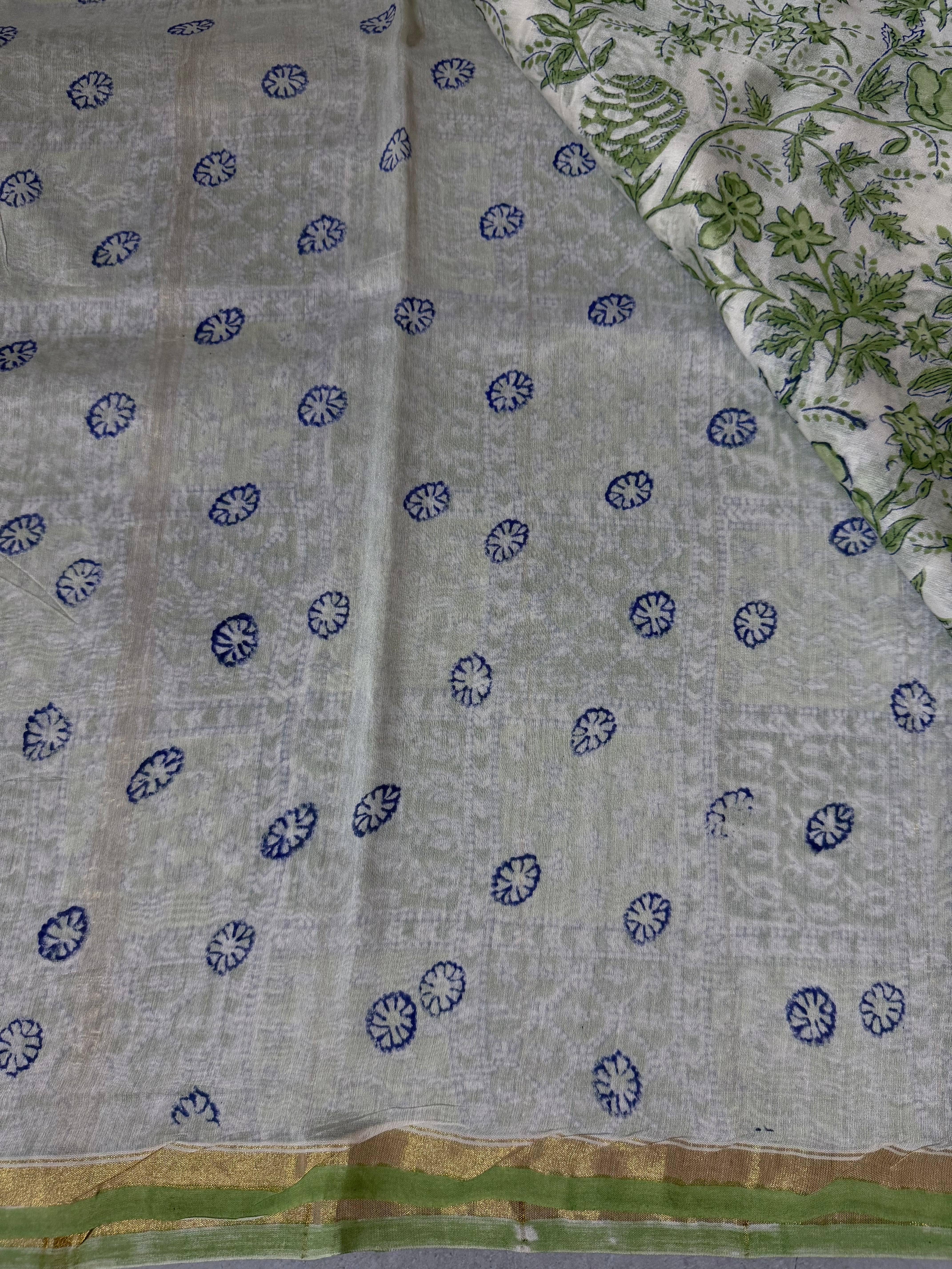 Mallige | Green and White Block Printed Chanderi Saree