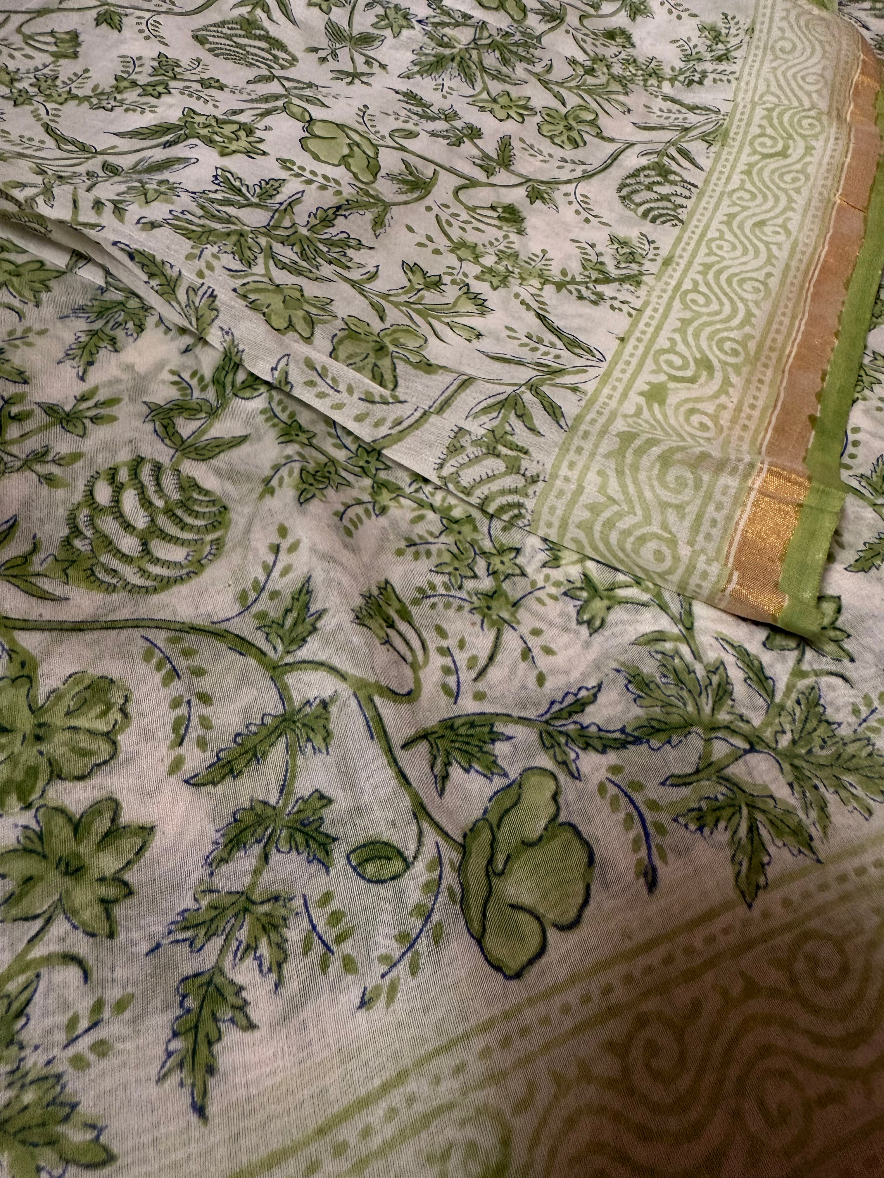 Mallige | Green and White Block Printed Chanderi Saree