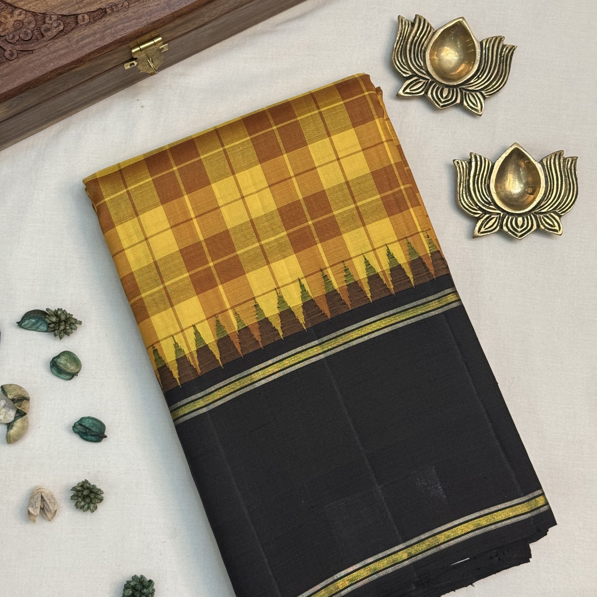 Sitaara | Mustard Yellow and Black Kanjivaram Silk Saree