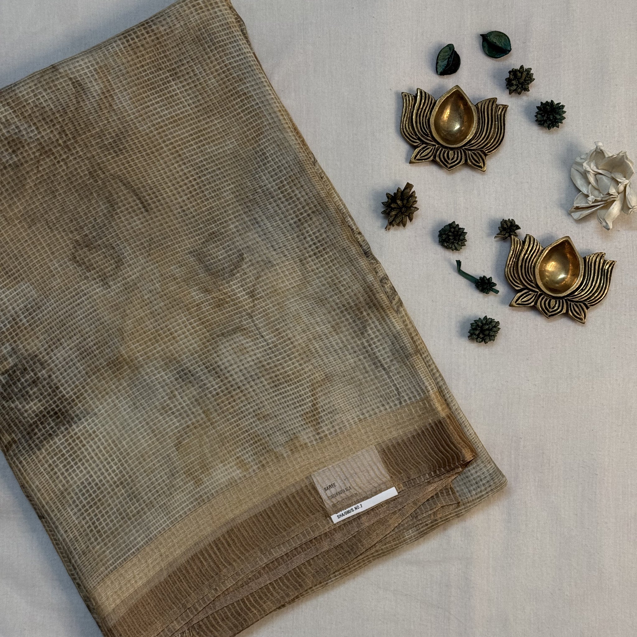 Swarnima | Gold and Beige Floral Printed Kota Tussar Silk Saree