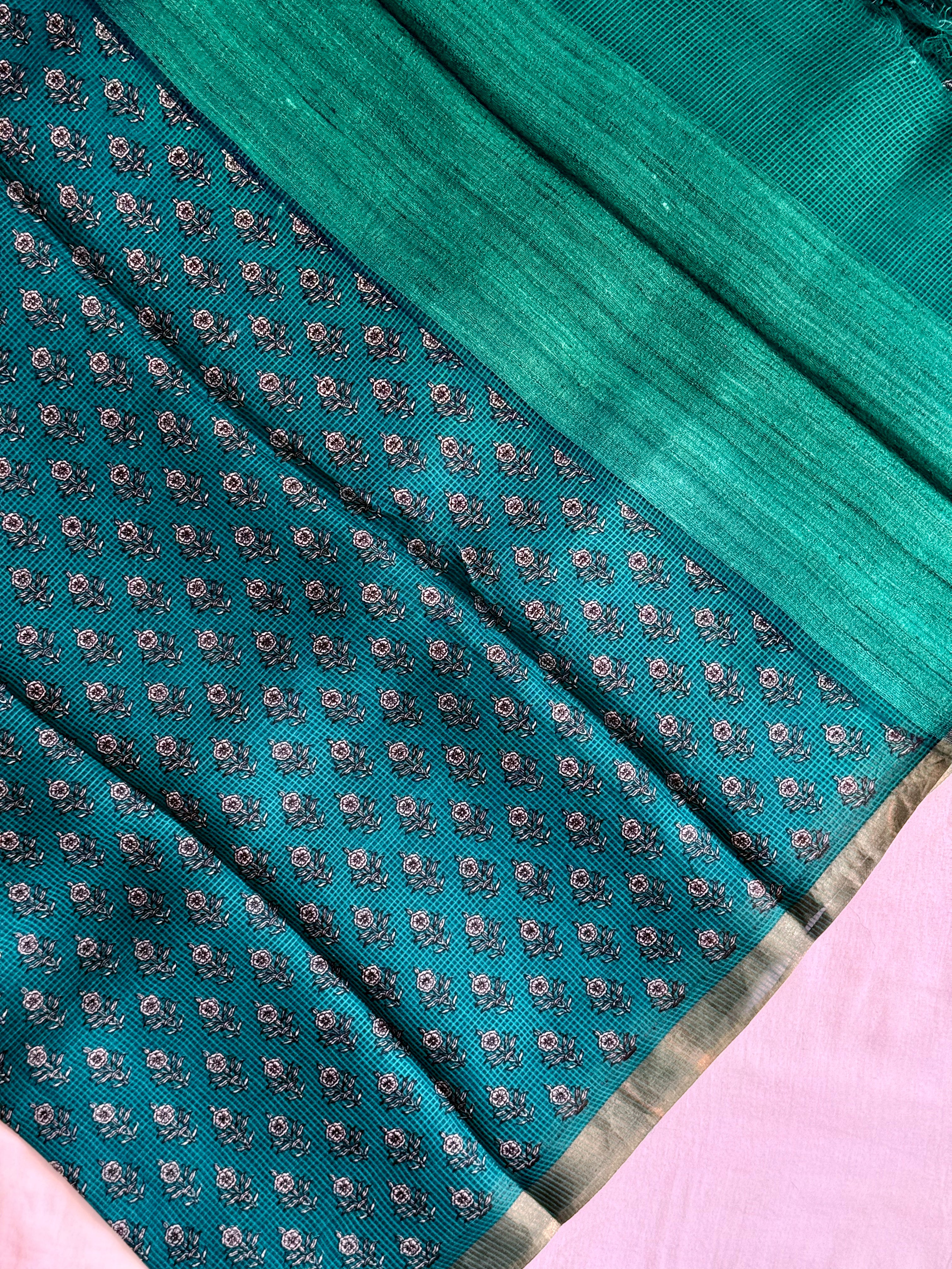 Thanuja | Green Floral Printed Kota Tussar Silk Saree