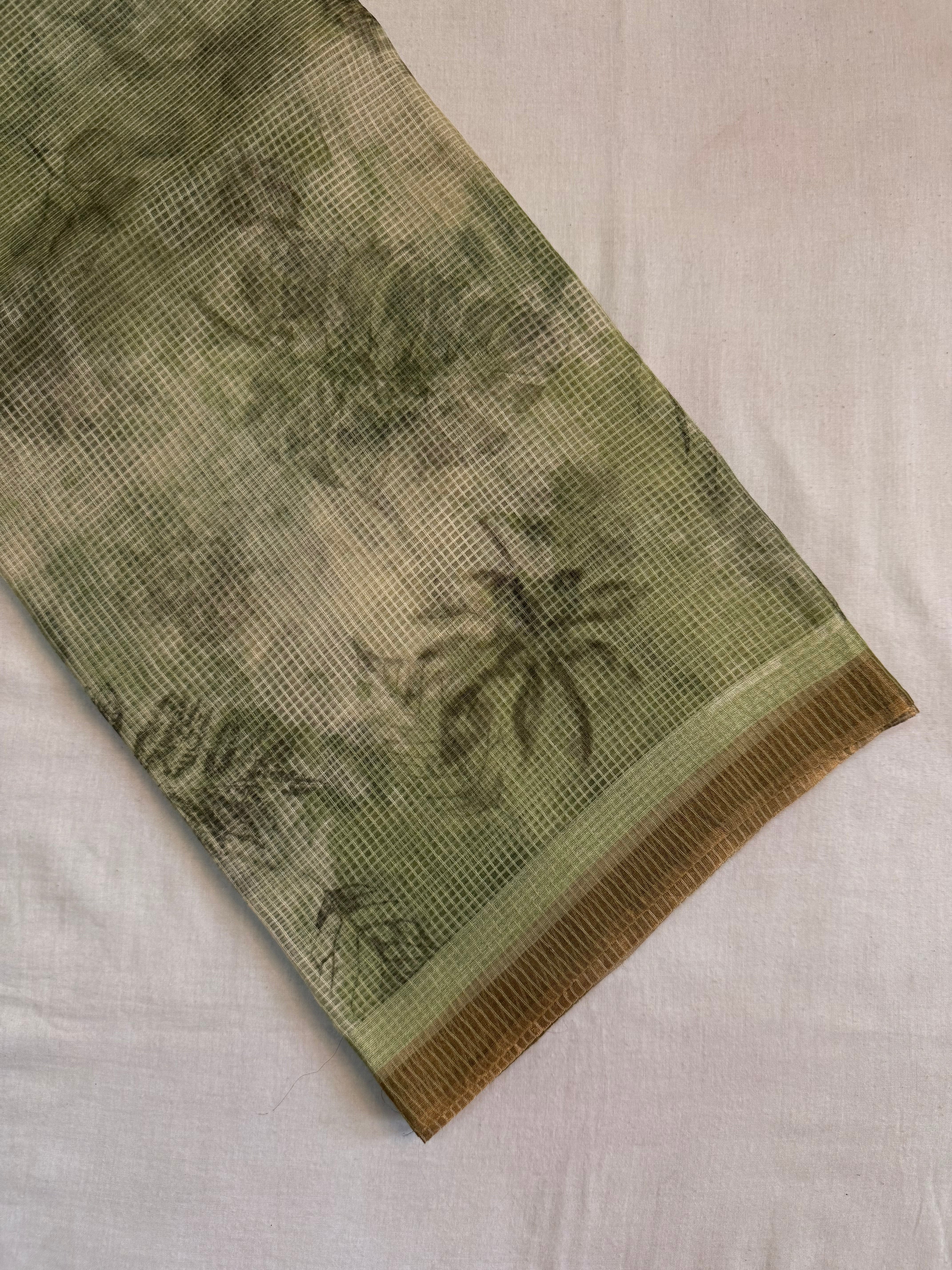 Bramara | Green and Gold Floral Printed Kota Tussar Silk Saree