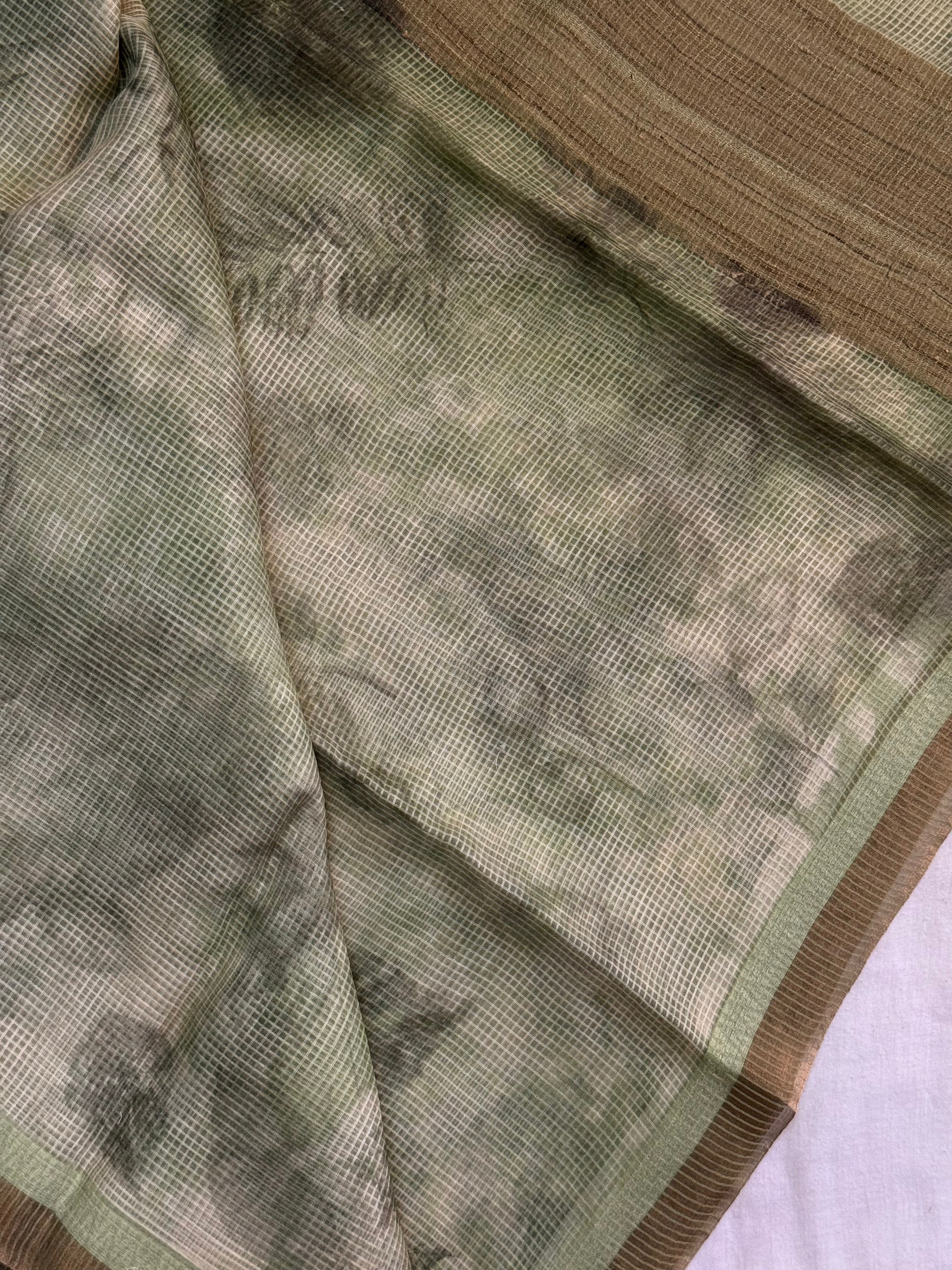 Bramara | Green and Gold Floral Printed Kota Tussar Silk Saree