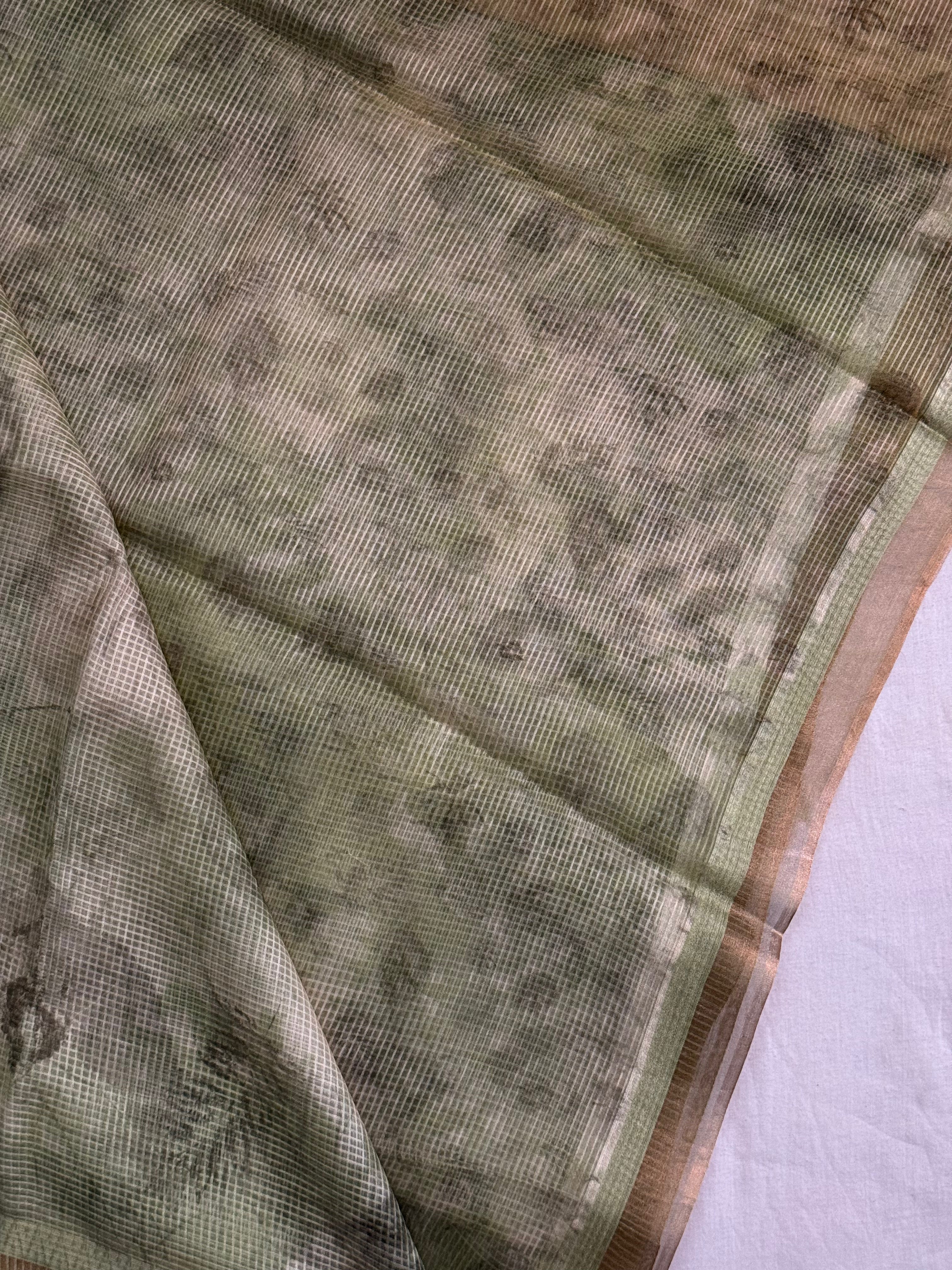Bramara | Green and Gold Floral Printed Kota Tussar Silk Saree
