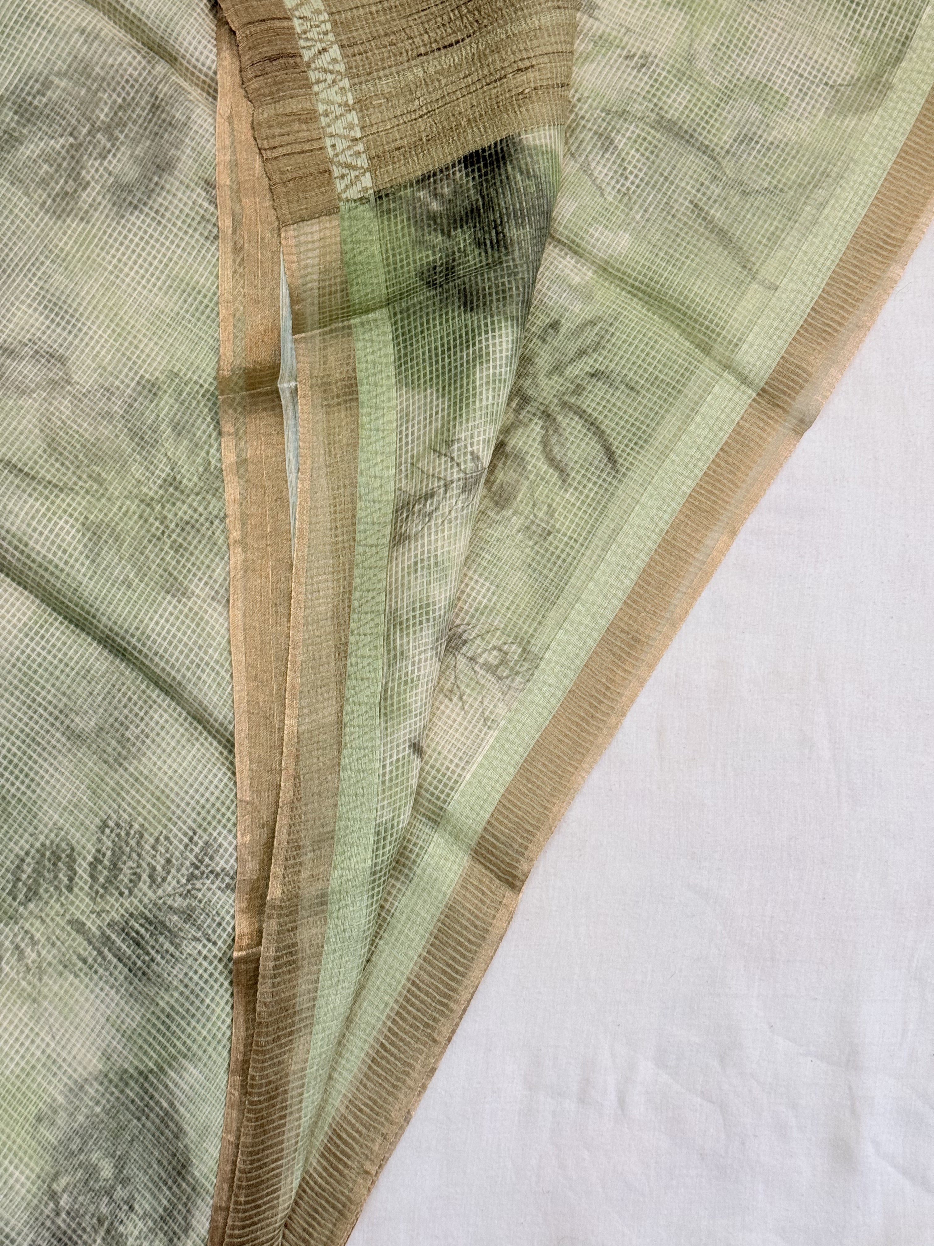 Bramara | Green and Gold Floral Printed Kota Tussar Silk Saree