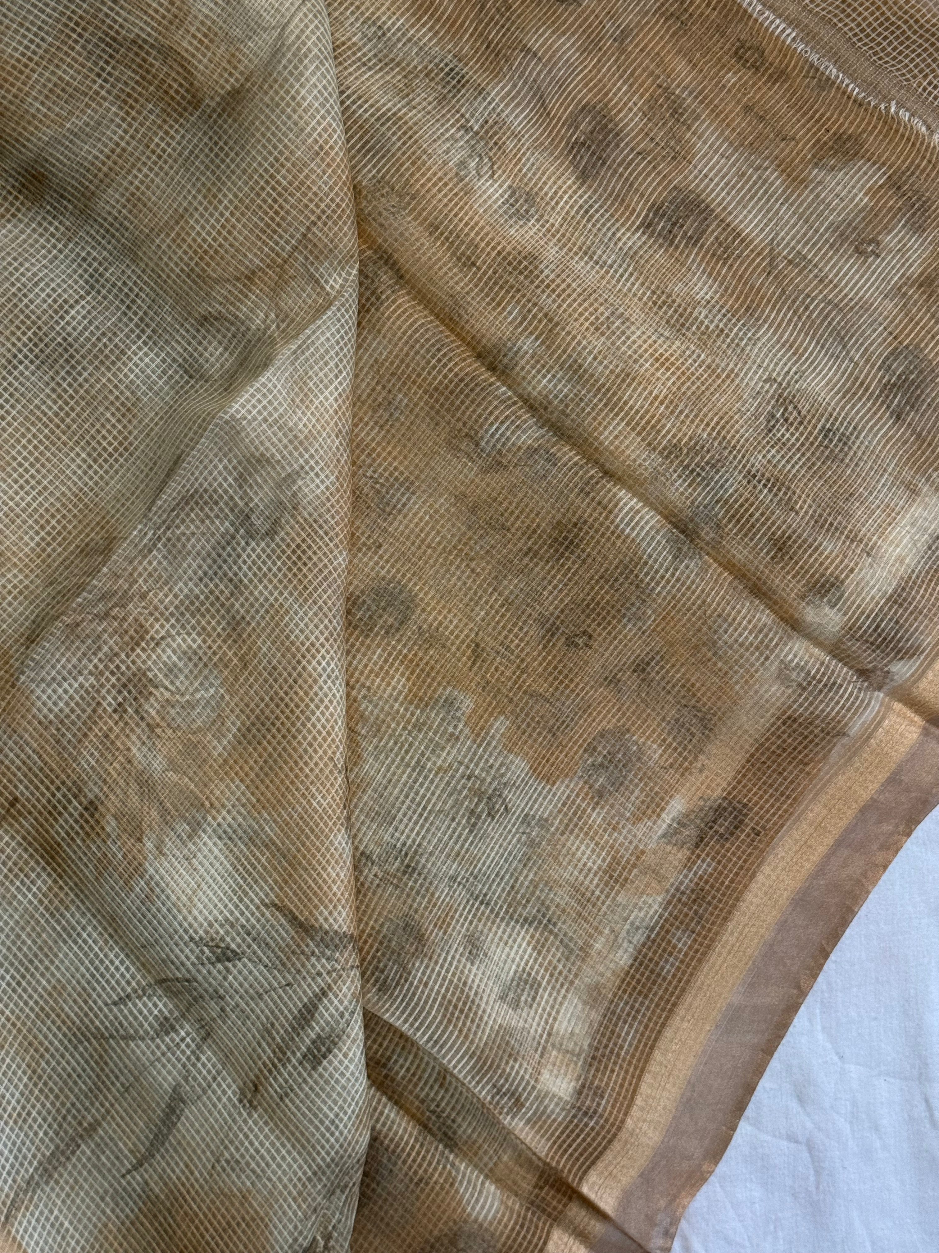 Swarnima | Gold and Beige Floral Printed Kota Tussar Silk Saree