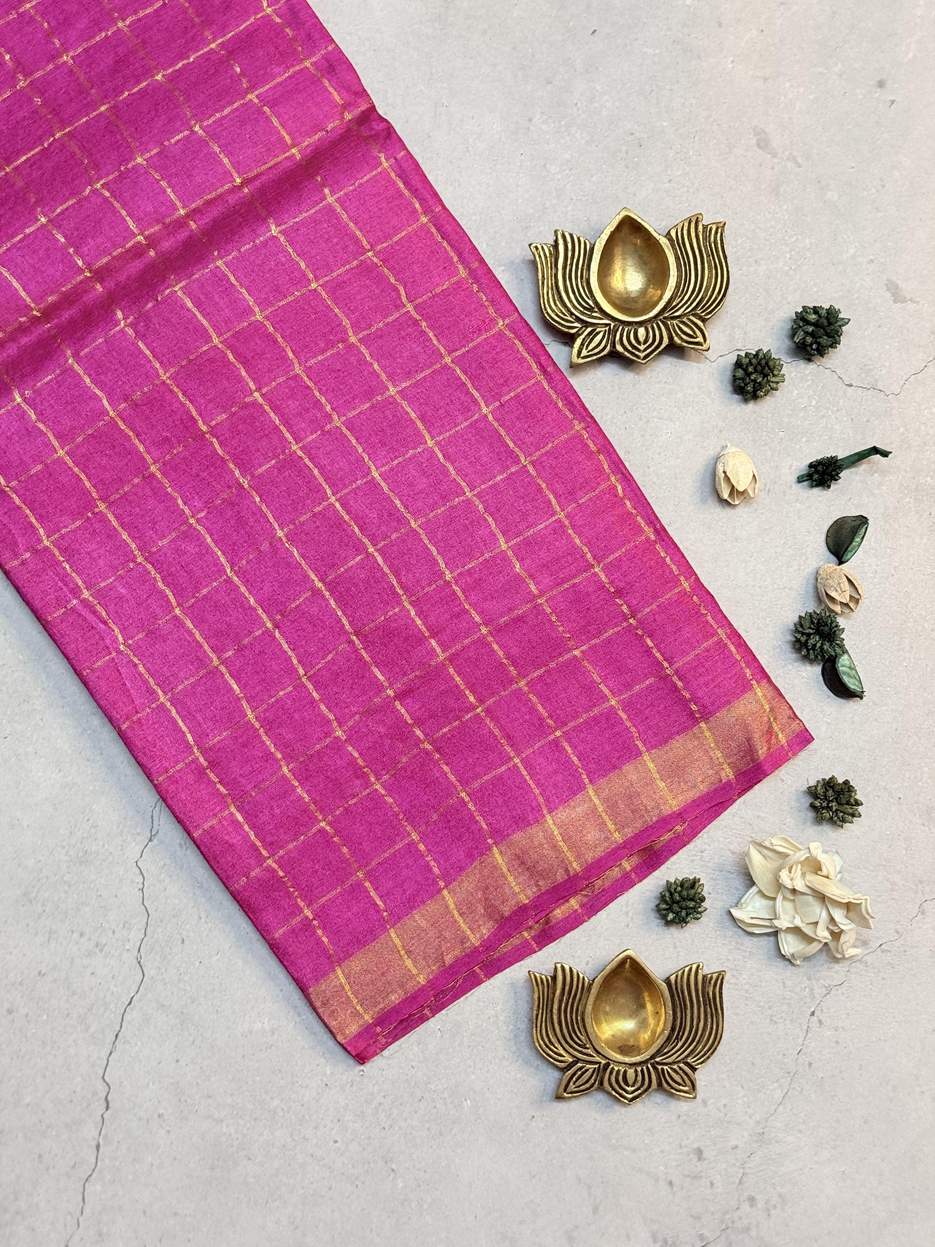 Achala | Pink Zari Checks Tussar Silk Saree