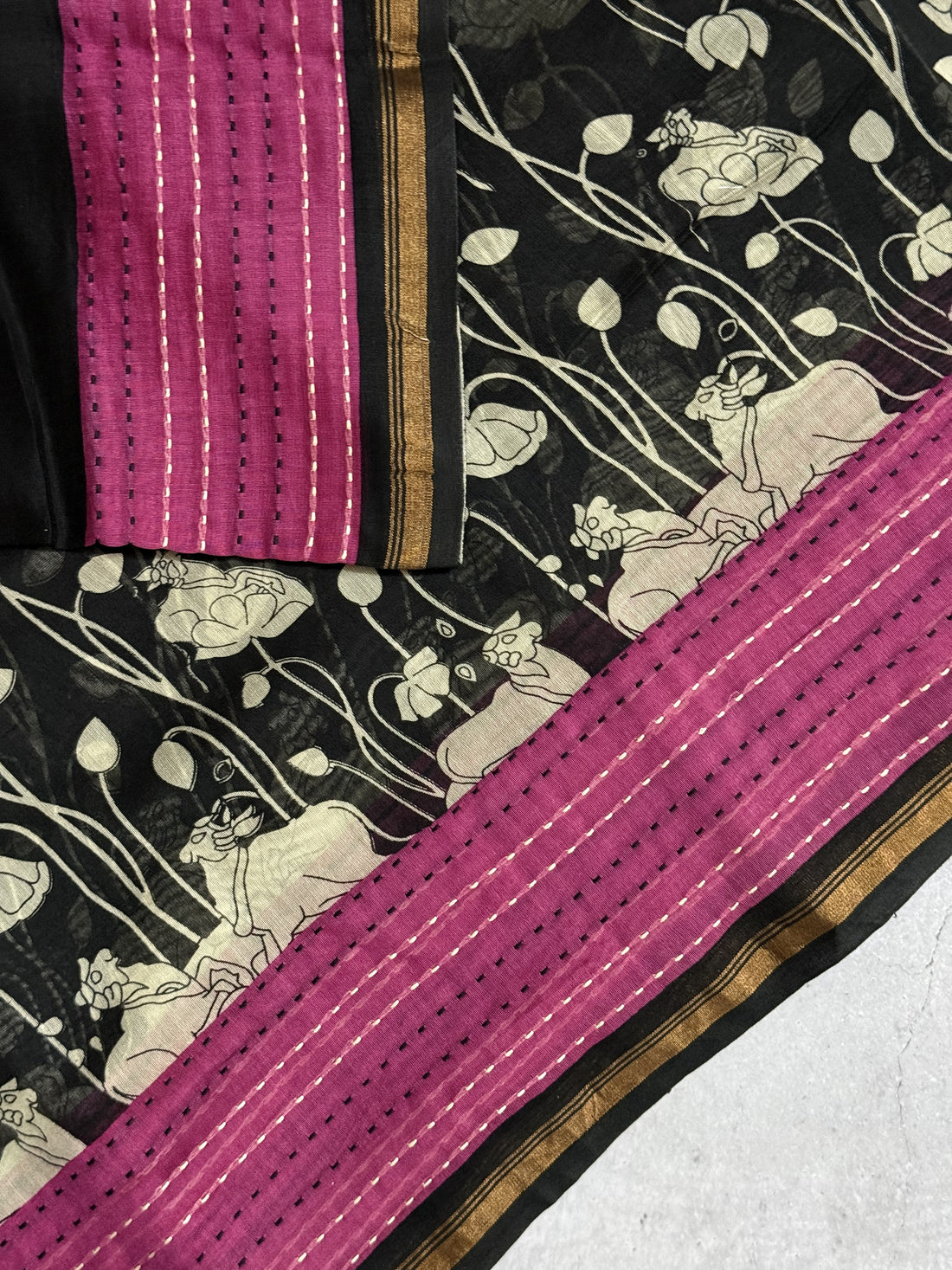 Ira | Black and Pink Printed Chanderi Saree