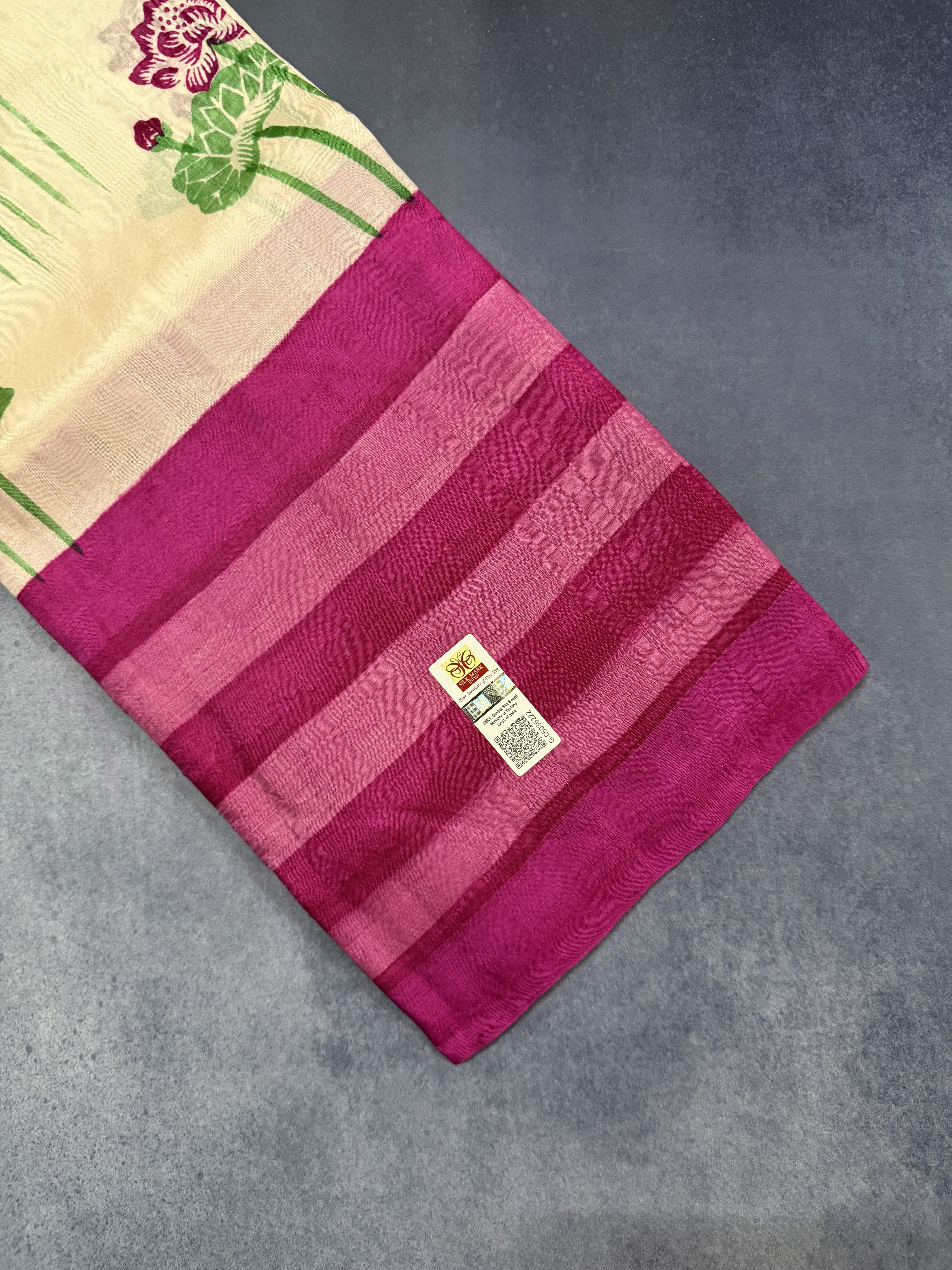 Kamali | Pink and White Floral Hand Painted Silk Saree