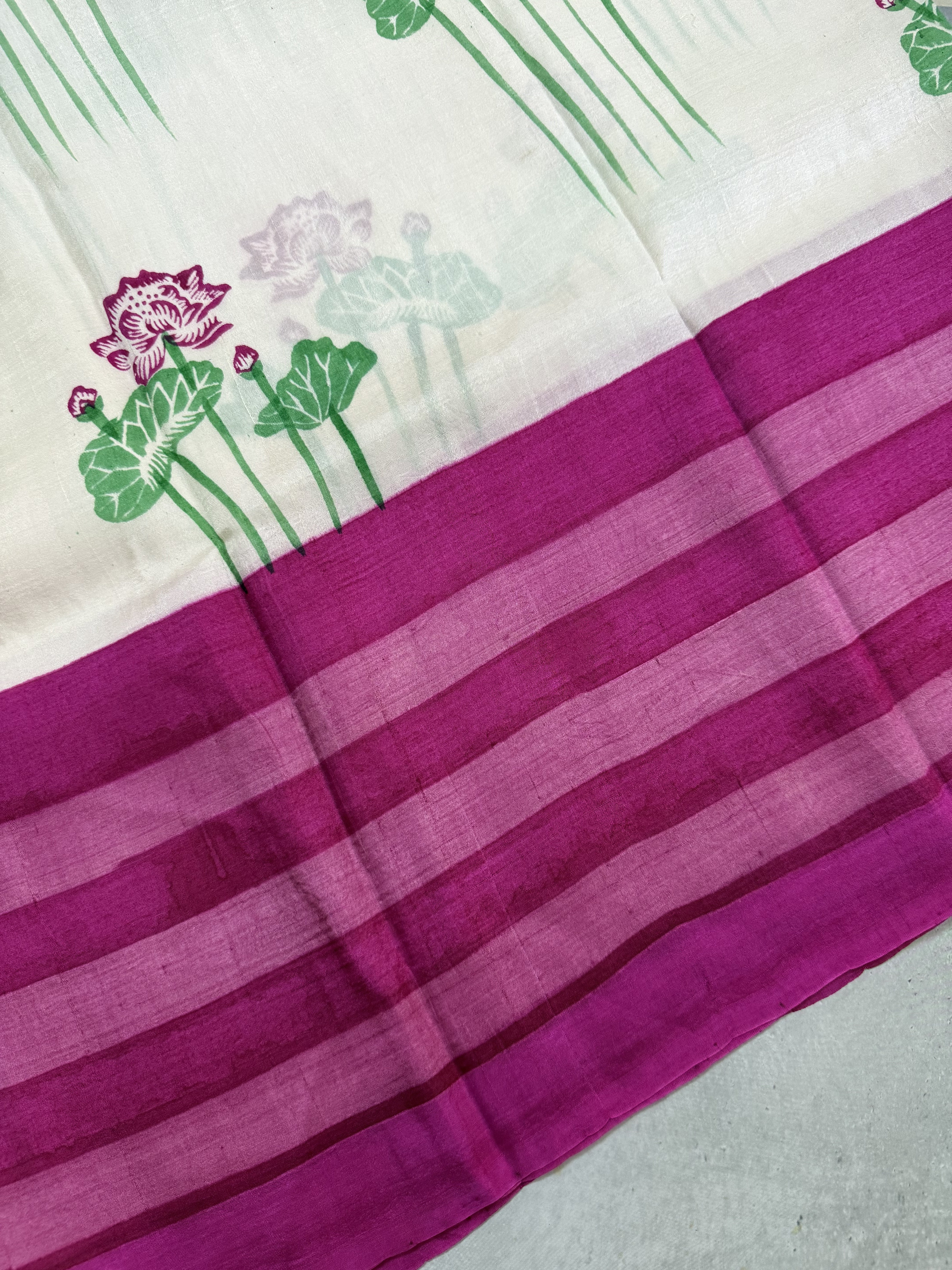 Kamali | Pink and White Floral Hand Painted Silk Saree