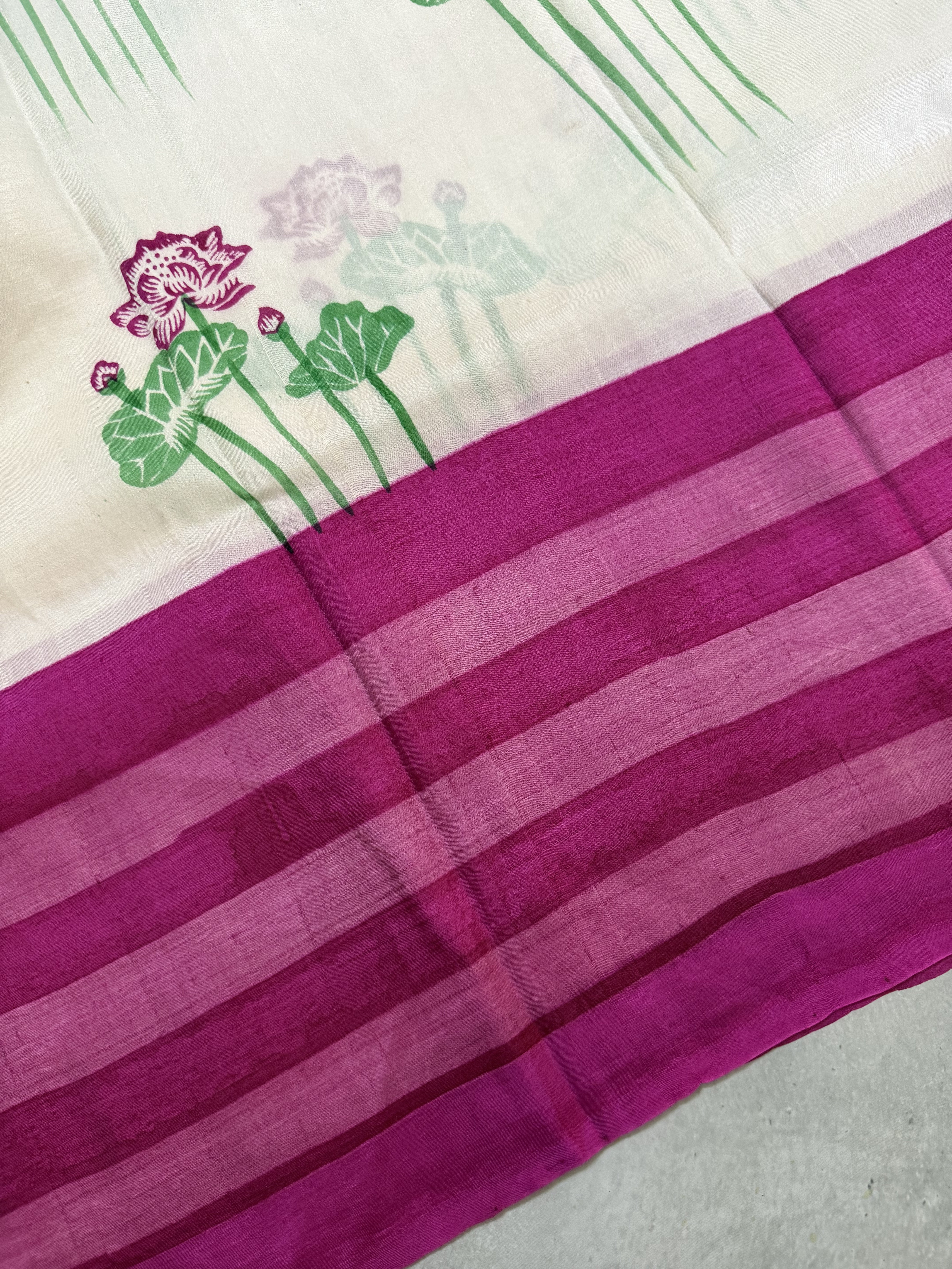 Kamali | Pink and White Floral Hand Painted Silk Saree