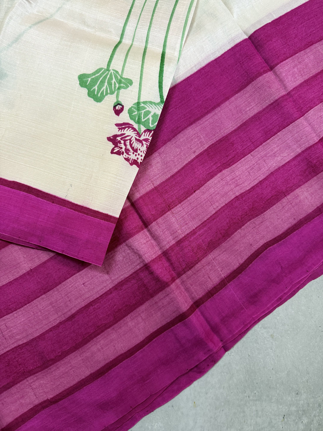 Kamali | Pink and White Floral Hand Painted Silk Saree