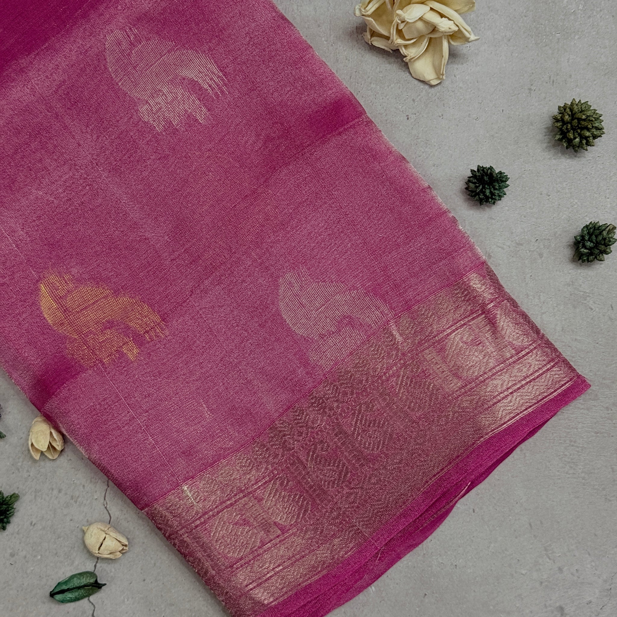 Meganya | Pink and Silver Tissue Silk Saree