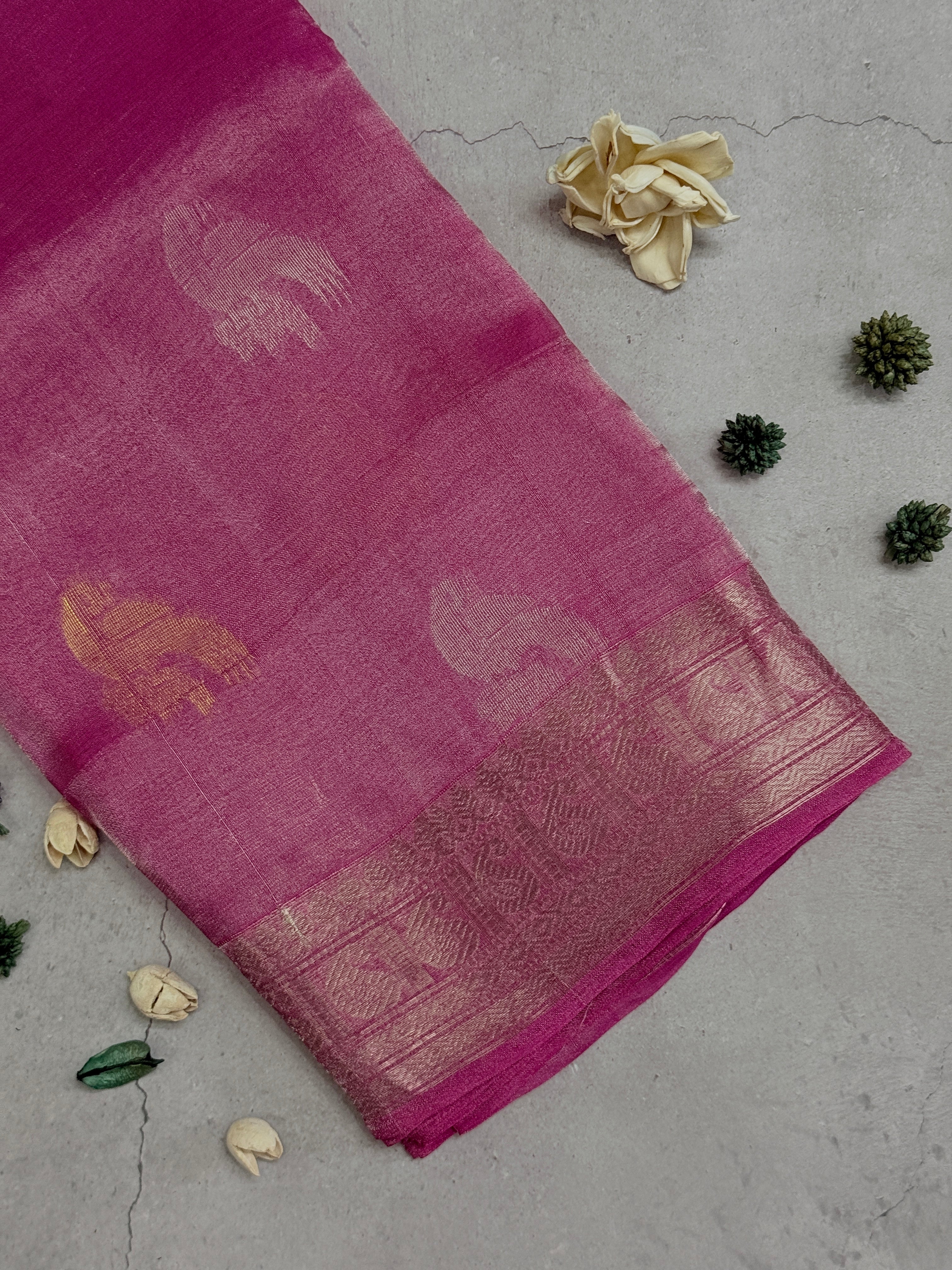 Meganya | Pink and Silver Tissue Silk Saree