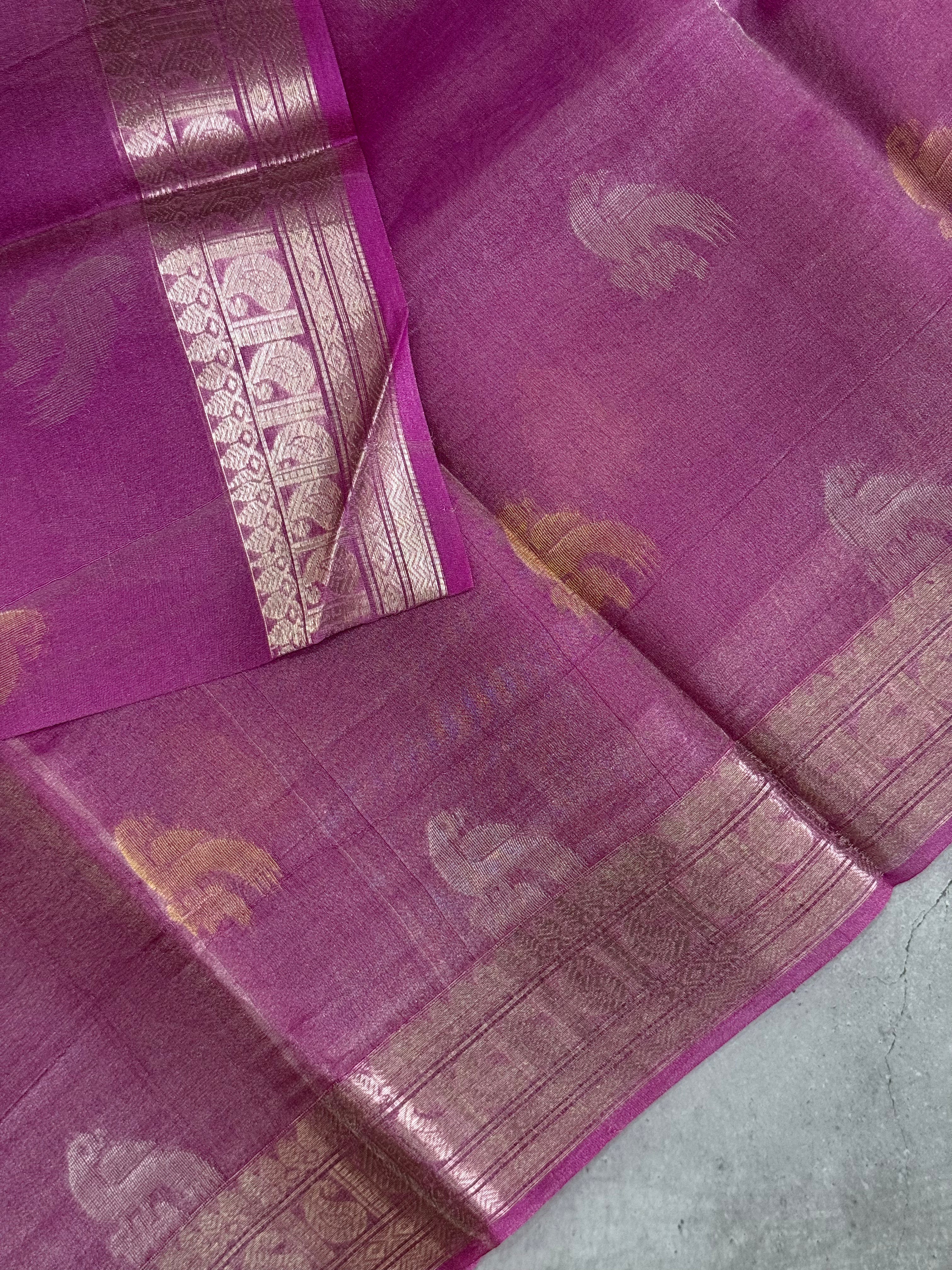 Meganya | Pink and Silver Tissue Silk Saree