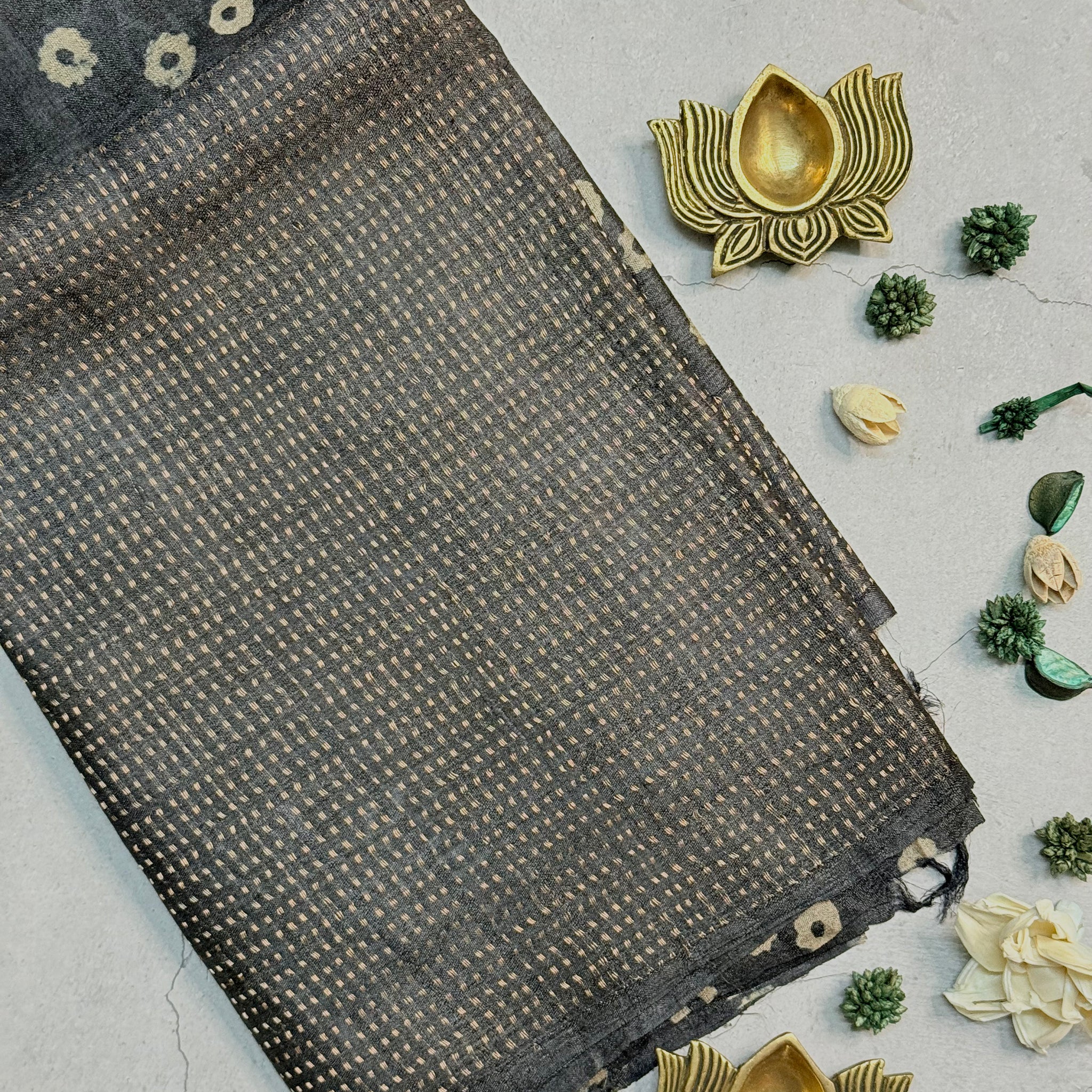 Mohanaa | Elephant Grey Batik Printed Tussar Silk Saree