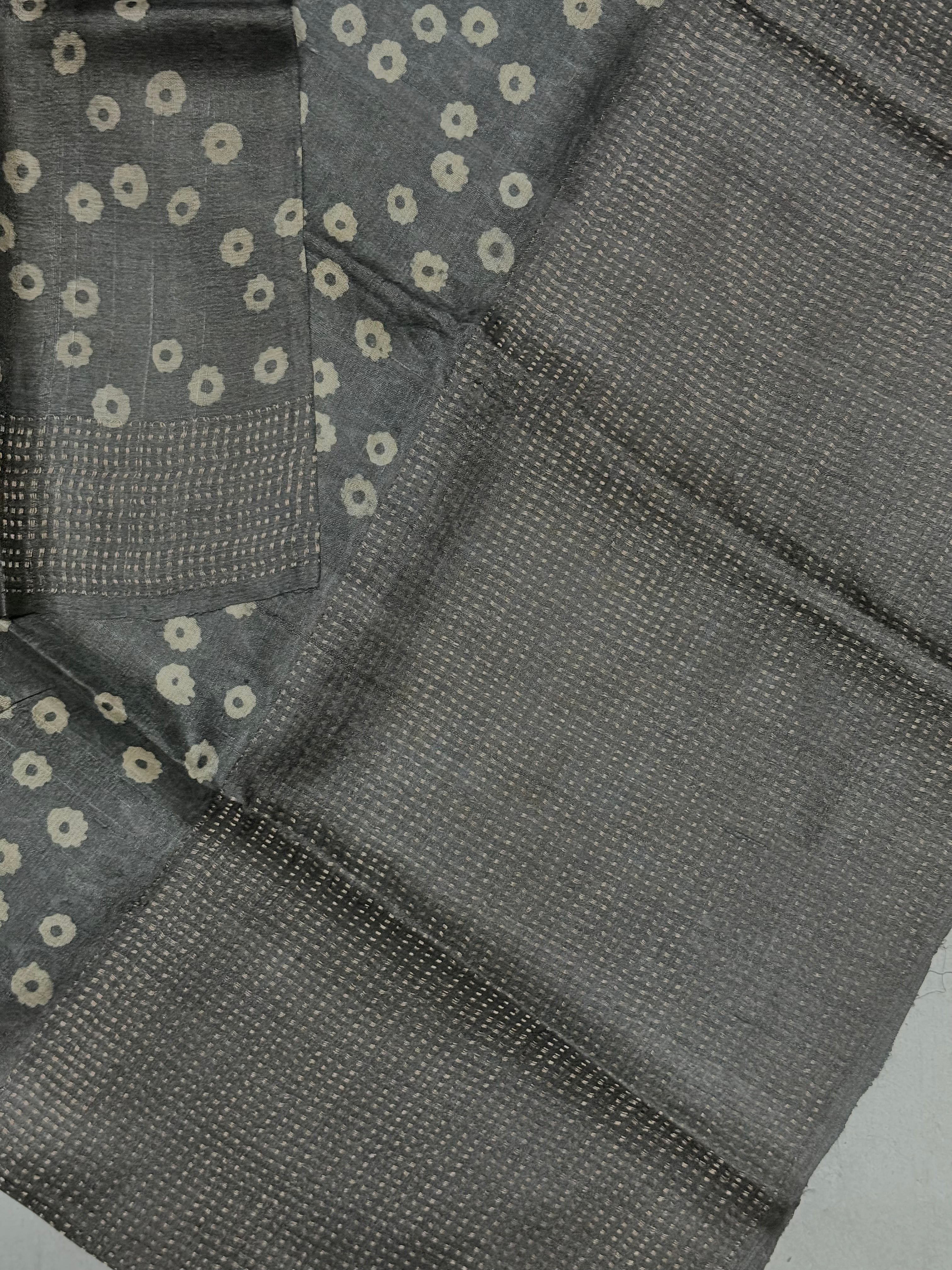 Mohanaa | Elephant Grey Batik Printed Tussar Silk Saree