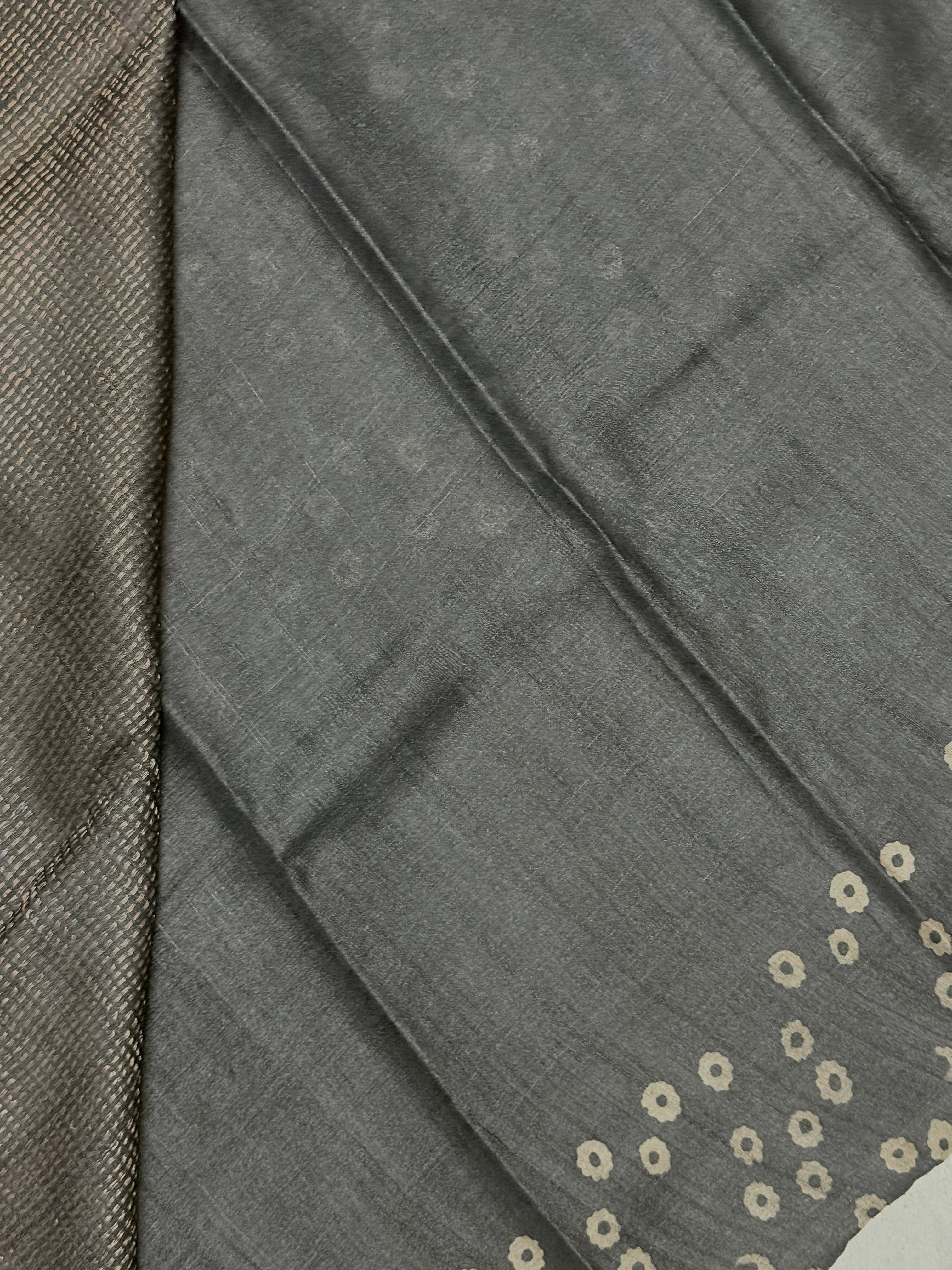 Mohanaa | Elephant Grey Batik Printed Tussar Silk Saree