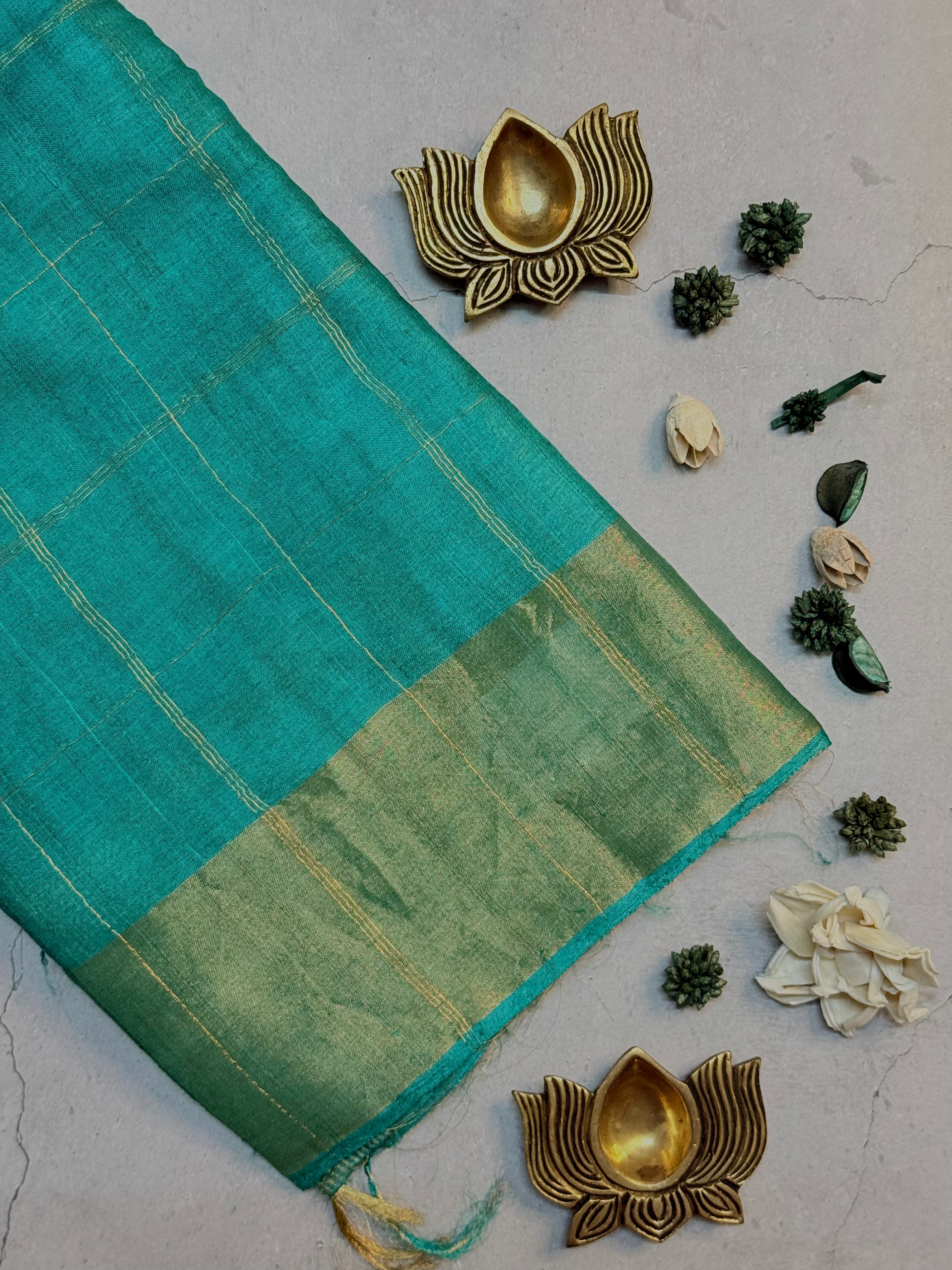 Mridulaa | Green Block Printed Tussar Silk Saree